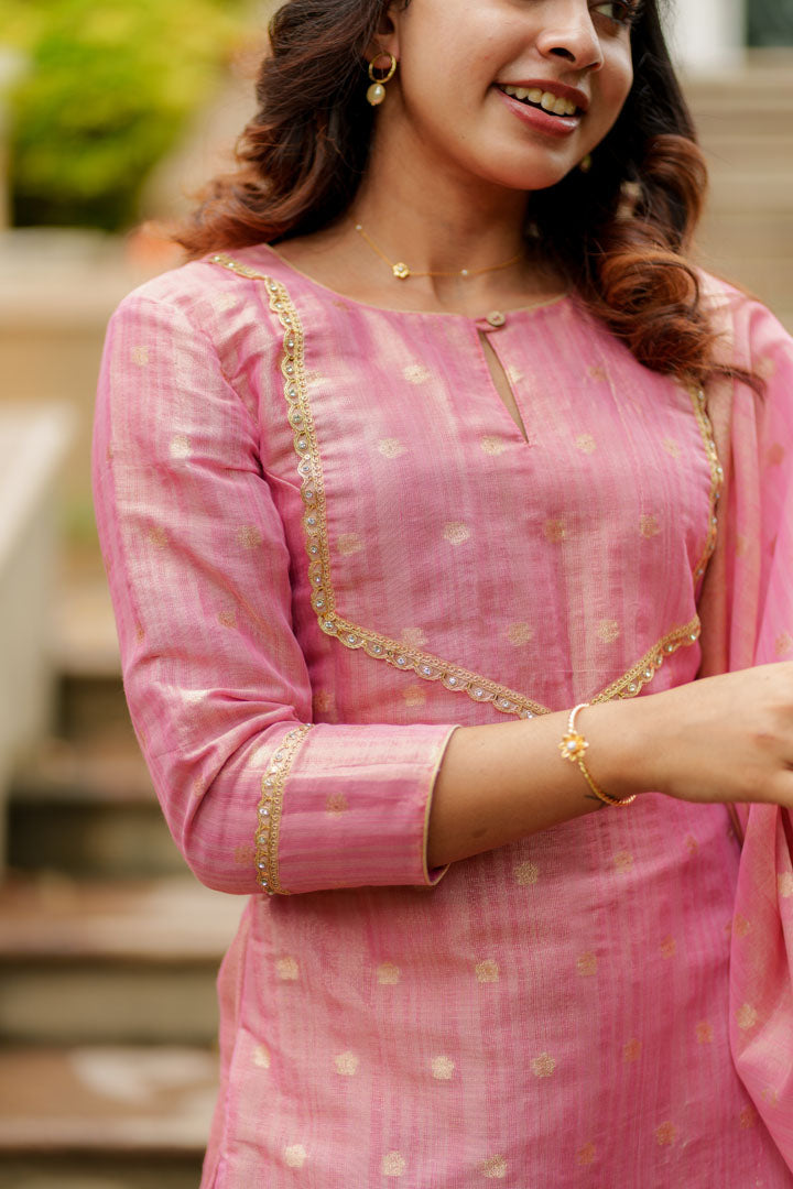 Pastel Pink Kurti, Pant, and Dupatta 3-Piece Set | Made To Order