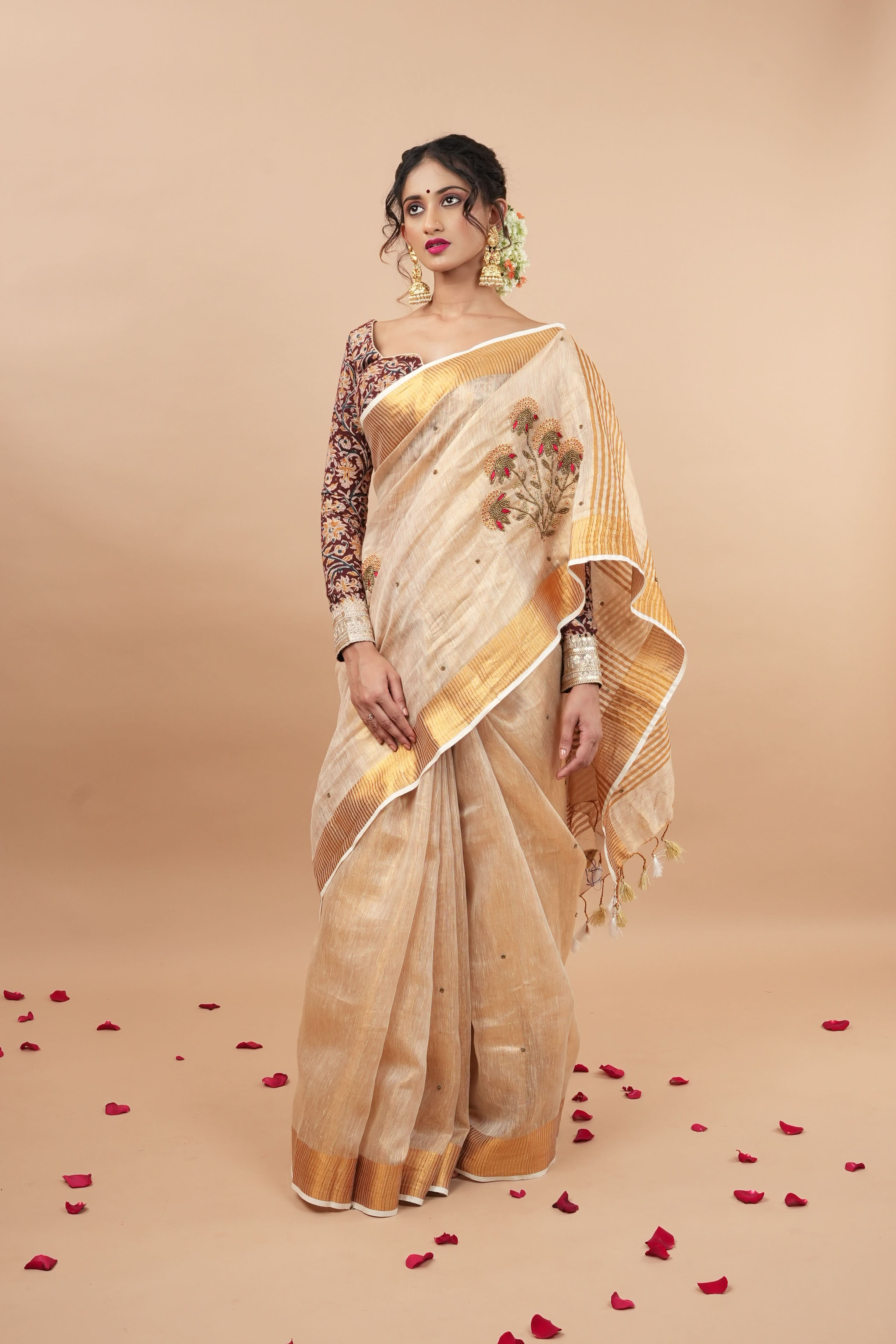 Tissue Linen Saree in Tan Tissue with  Bead and embroidery handwork