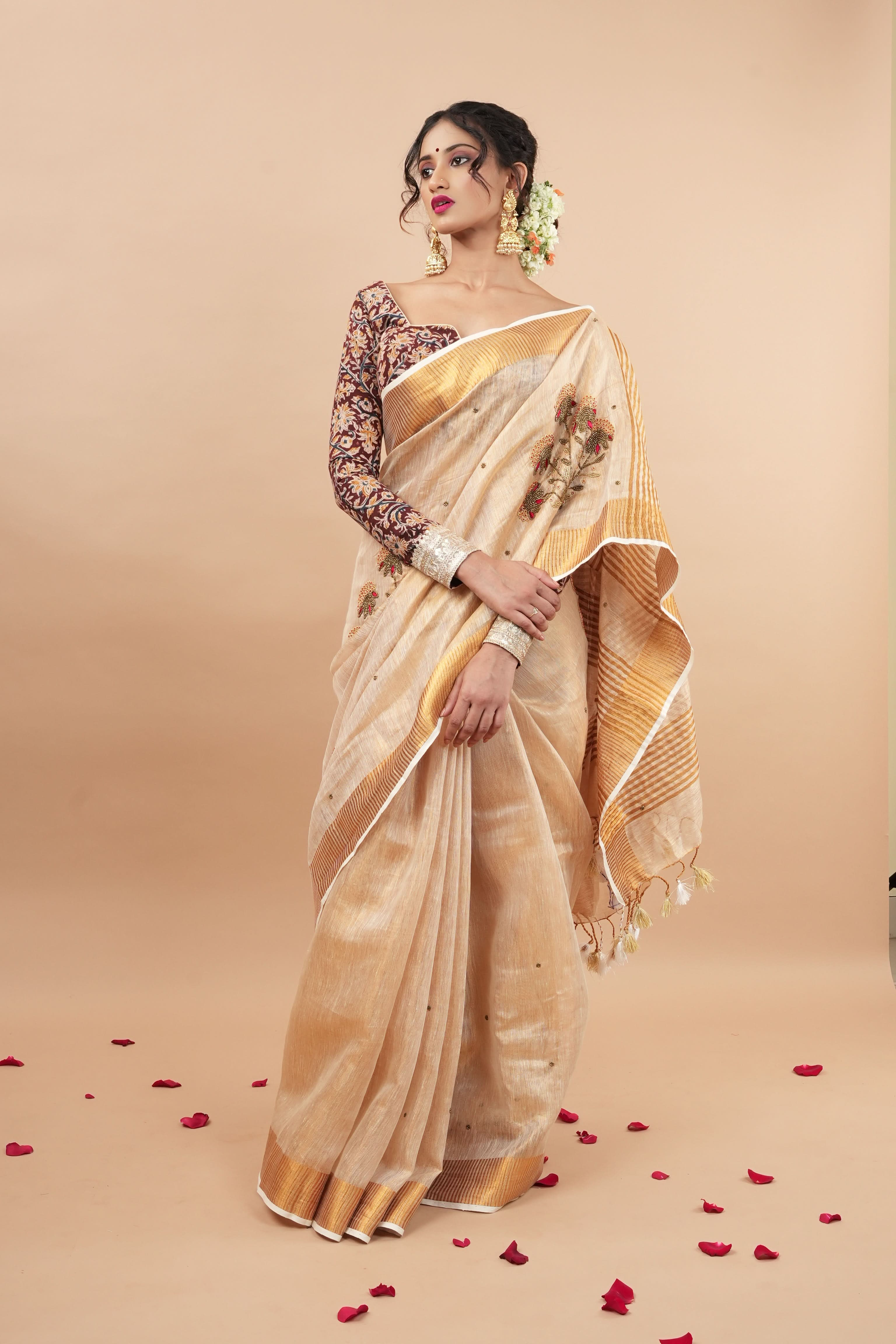 Tissue Linen Saree in Tan Tissue with  Bead and embroidery handwork