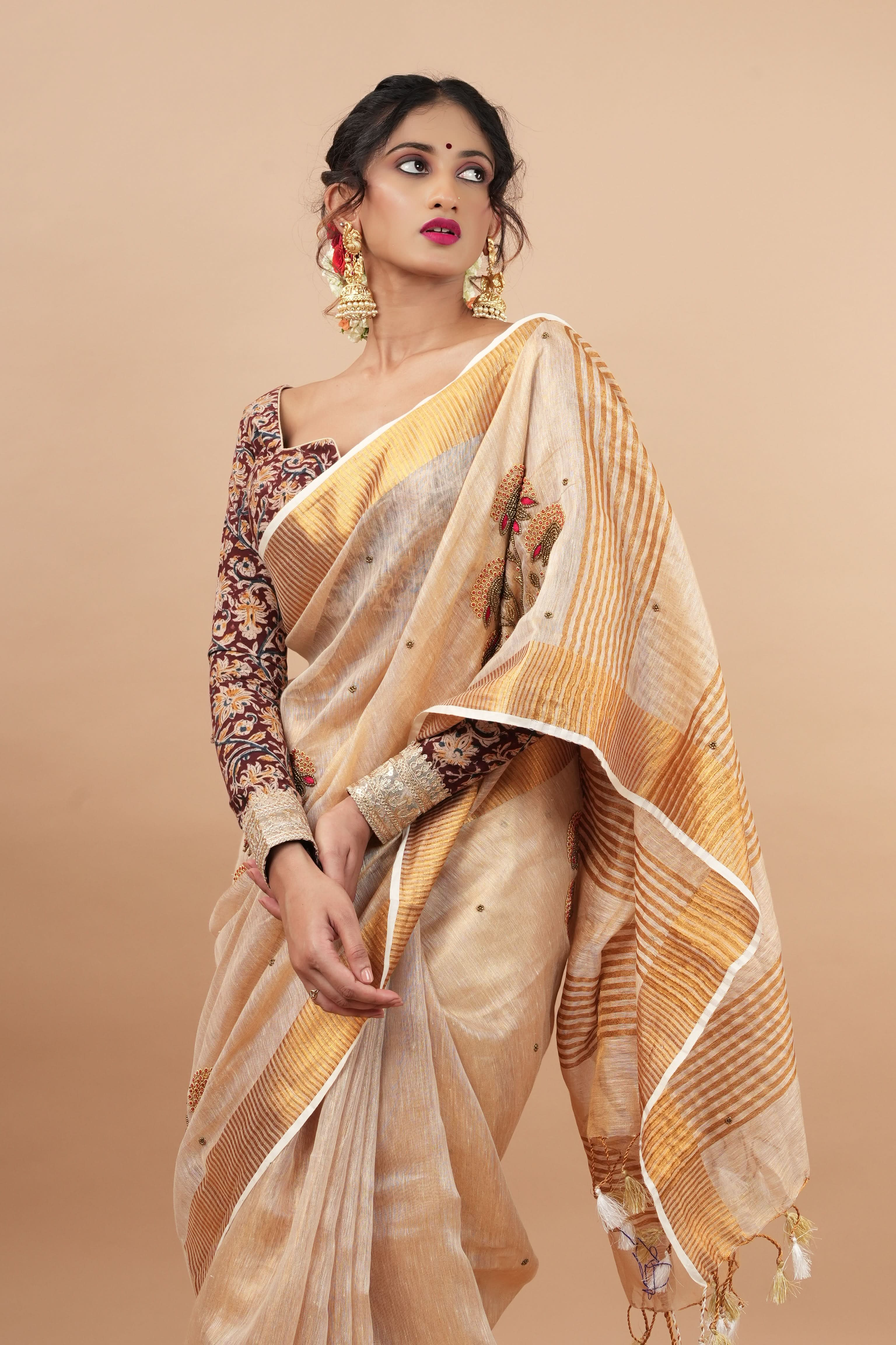 Tissue Linen Saree in Tan Tissue with  Bead and embroidery handwork