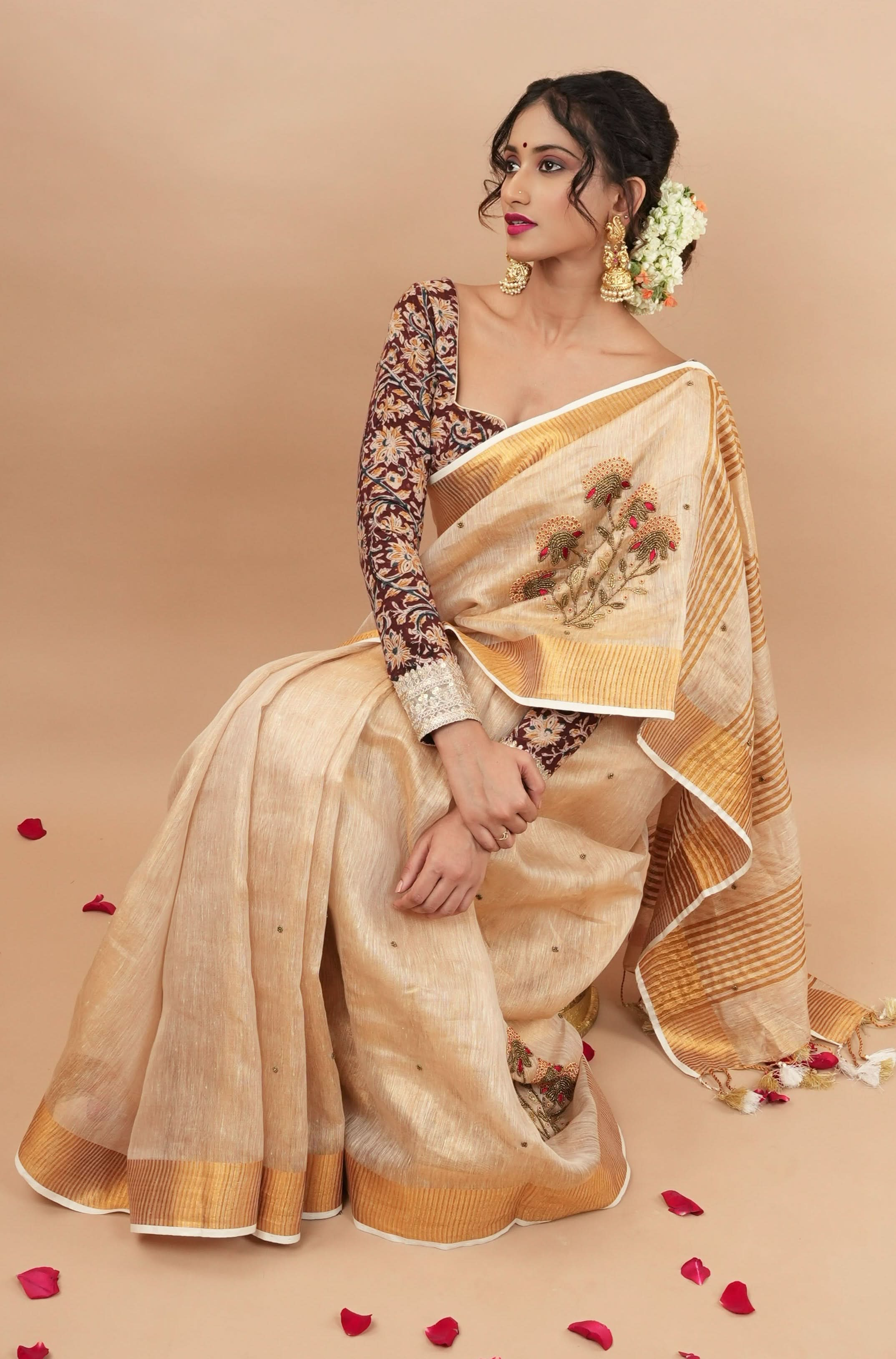 Tissue Linen Saree in Tan Tissue with  Bead and embroidery handwork