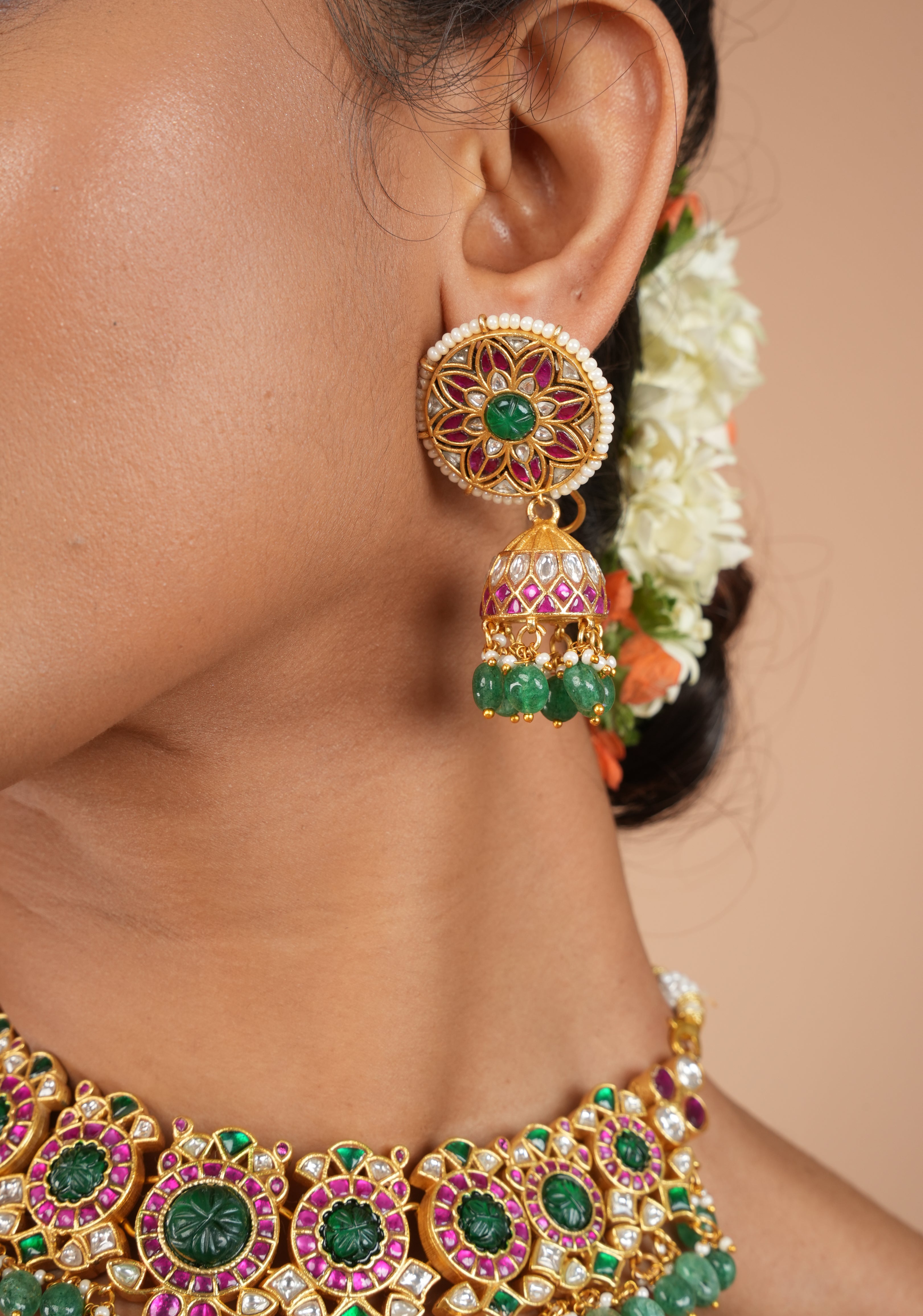 Green Craving Stone Jadau Kundan Pearls Choker Set with Dangling Green Beads and Jhumka Earrings