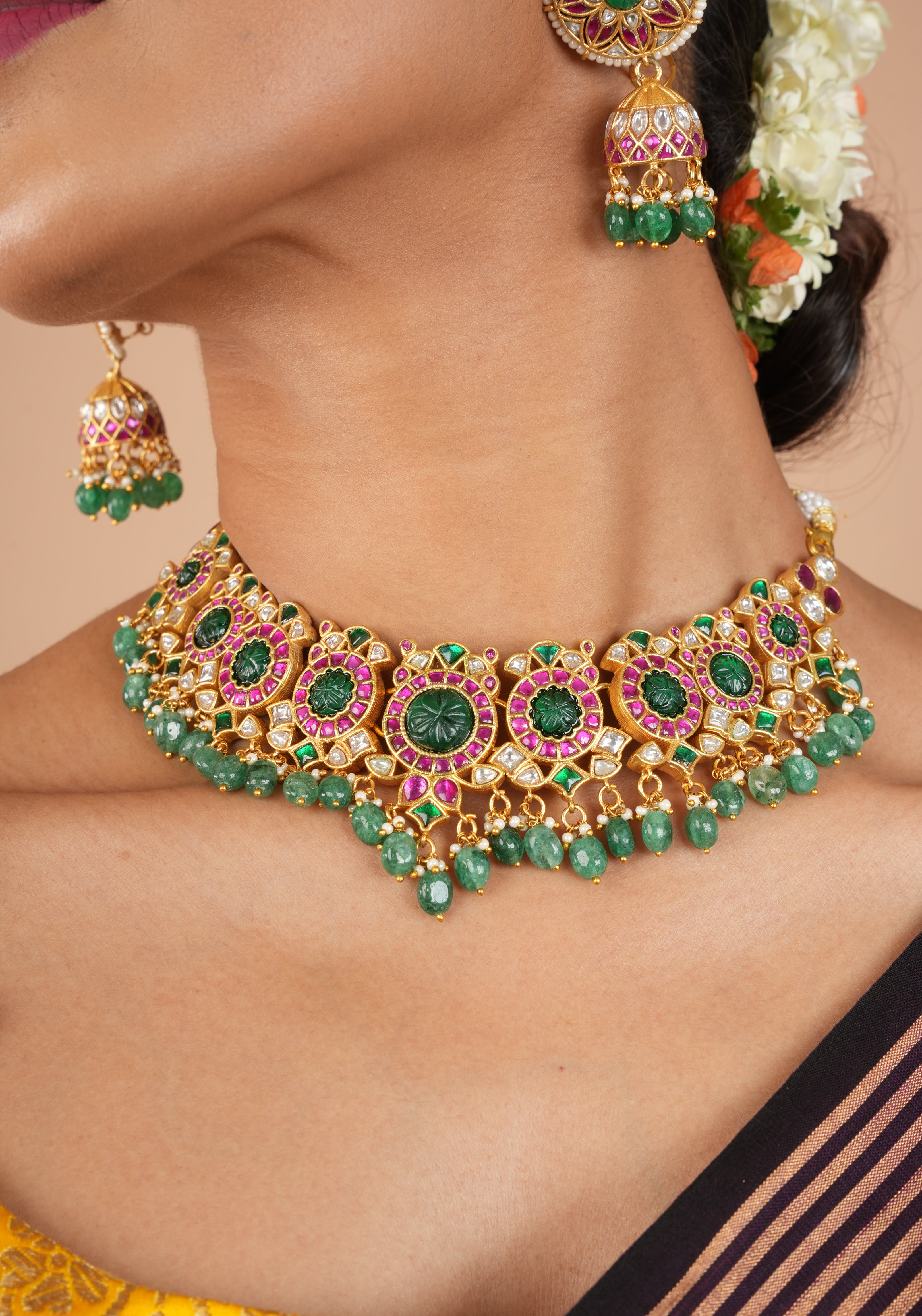 Green Craving Stone Jadau Kundan Pearls Choker Set with Dangling Green Beads and Jhumka Earrings