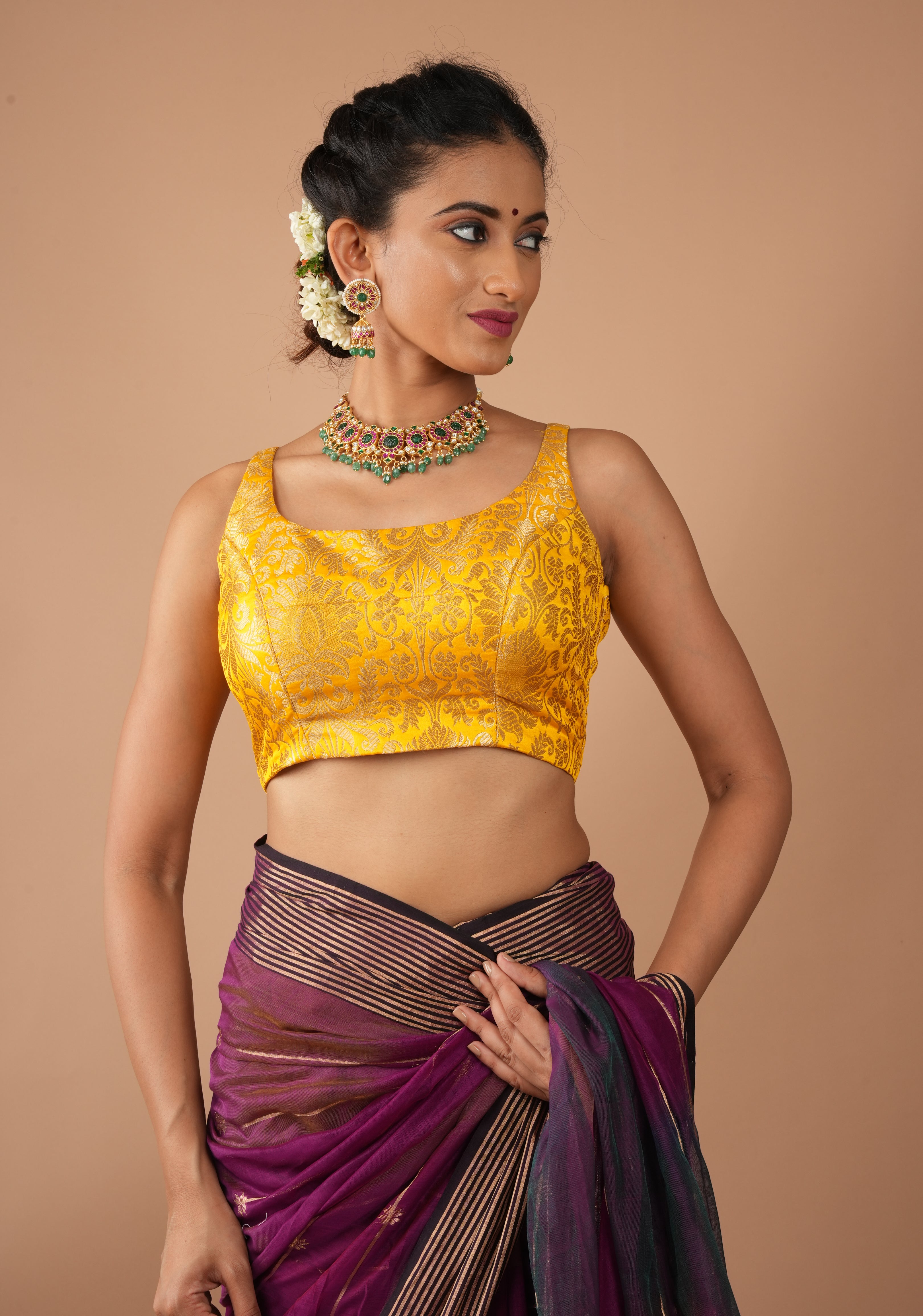 Yellow Banarasi brocade sleeveless mix and match blouse, customizable, made-to-order