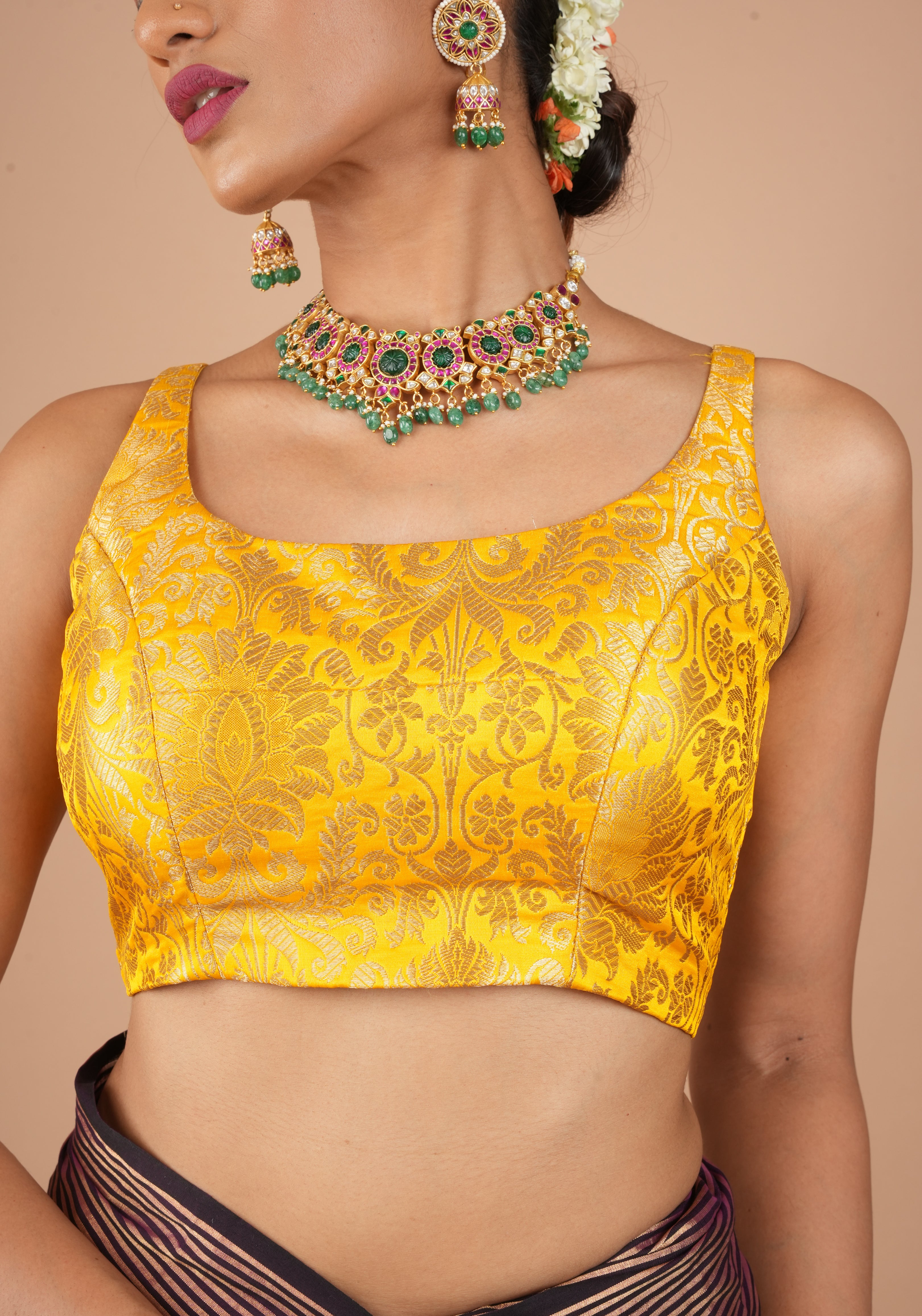 Yellow Banarasi brocade sleeveless mix and match blouse, customizable, made-to-order