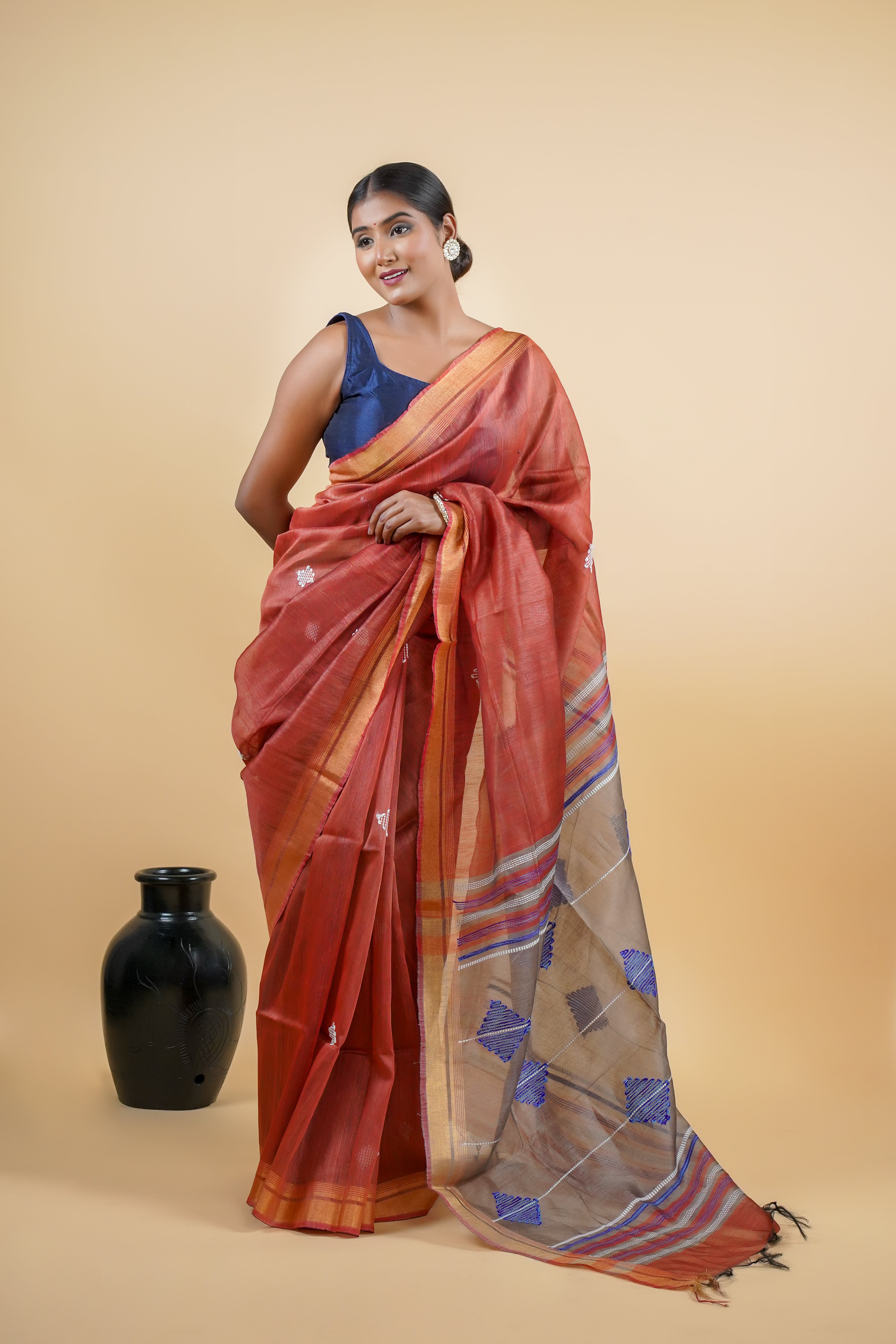 Handloom Bhagalpuri Linen Saree with Rangoli Buttas in Rust