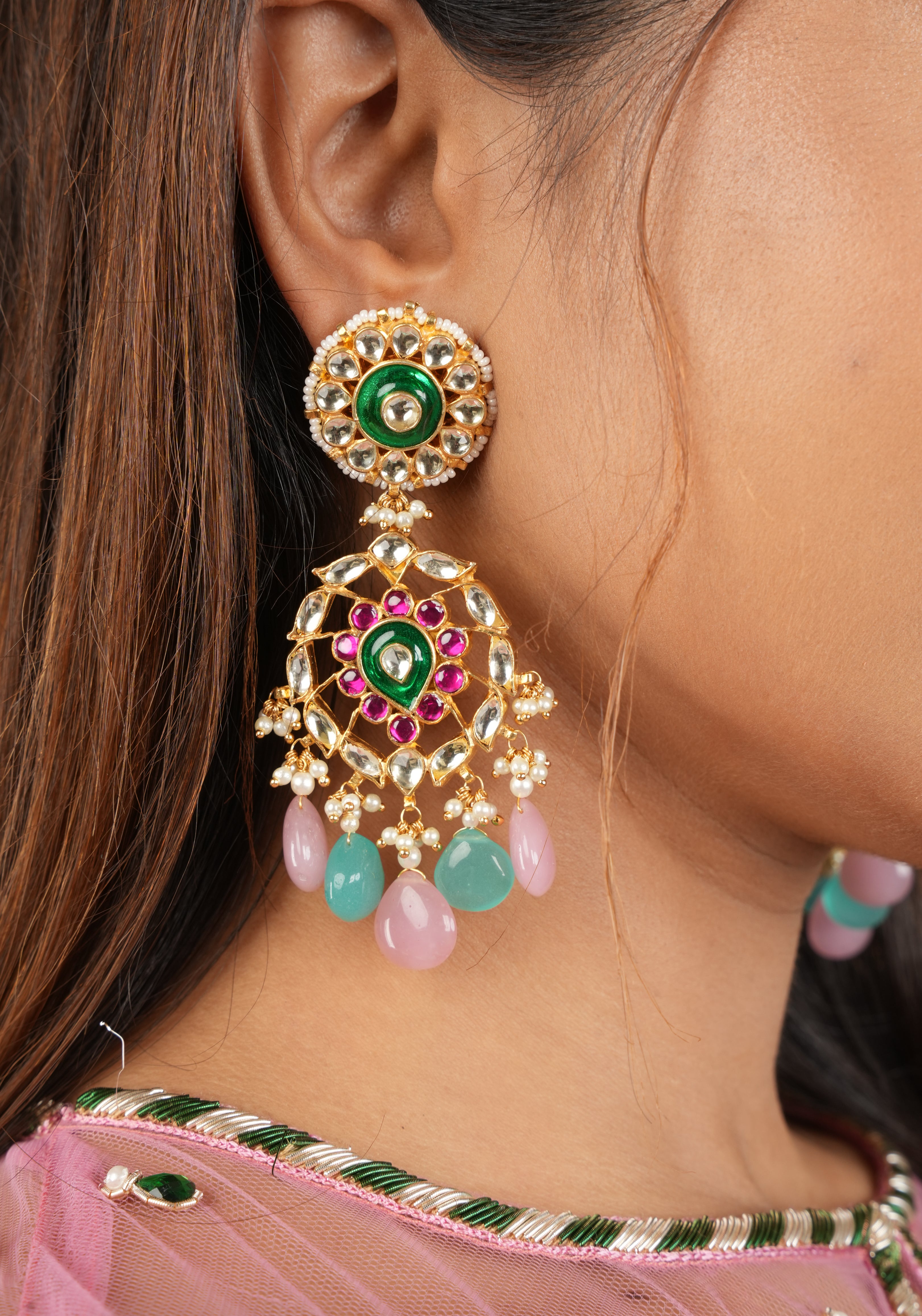 3.5" Mint and Pink stone Jadau Earrings