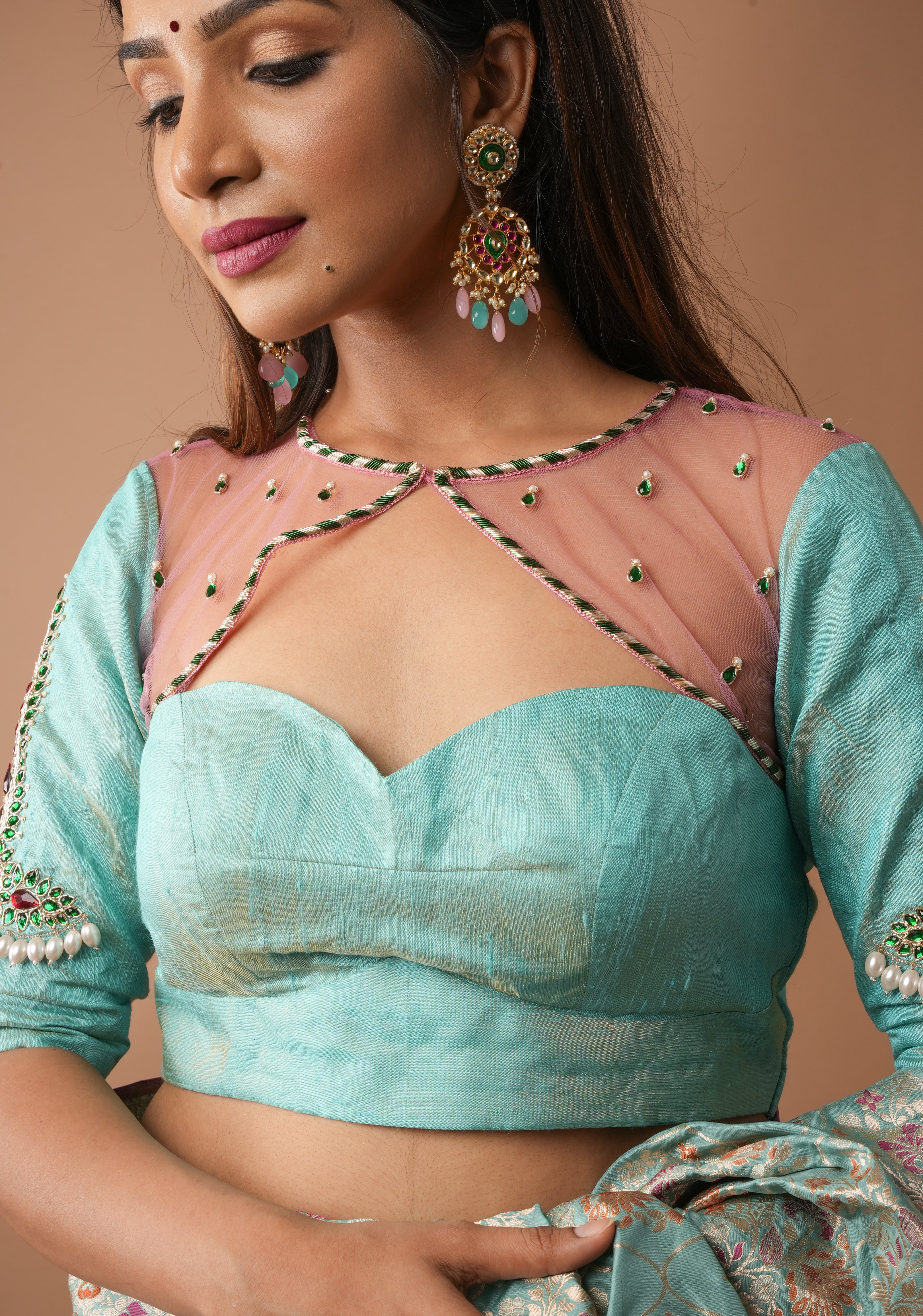 Mint Green Tissue Raw Silk Blouse with Jewel design Handwork and pastel pink sheer yoke, Customizable, Made to Order