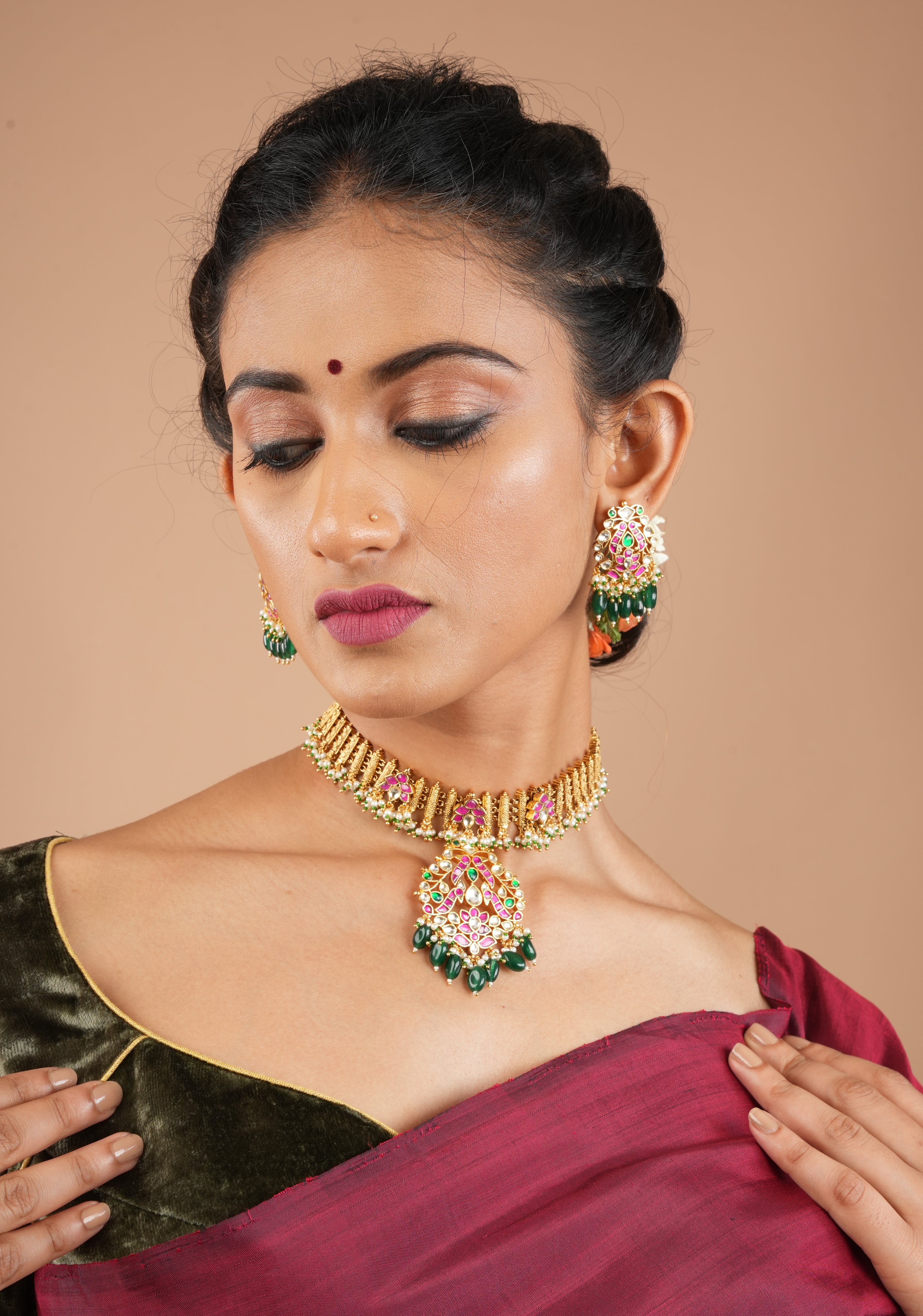 Ahmedabadi Jadau Necklace and Eaarings set in Microplated Gold finish