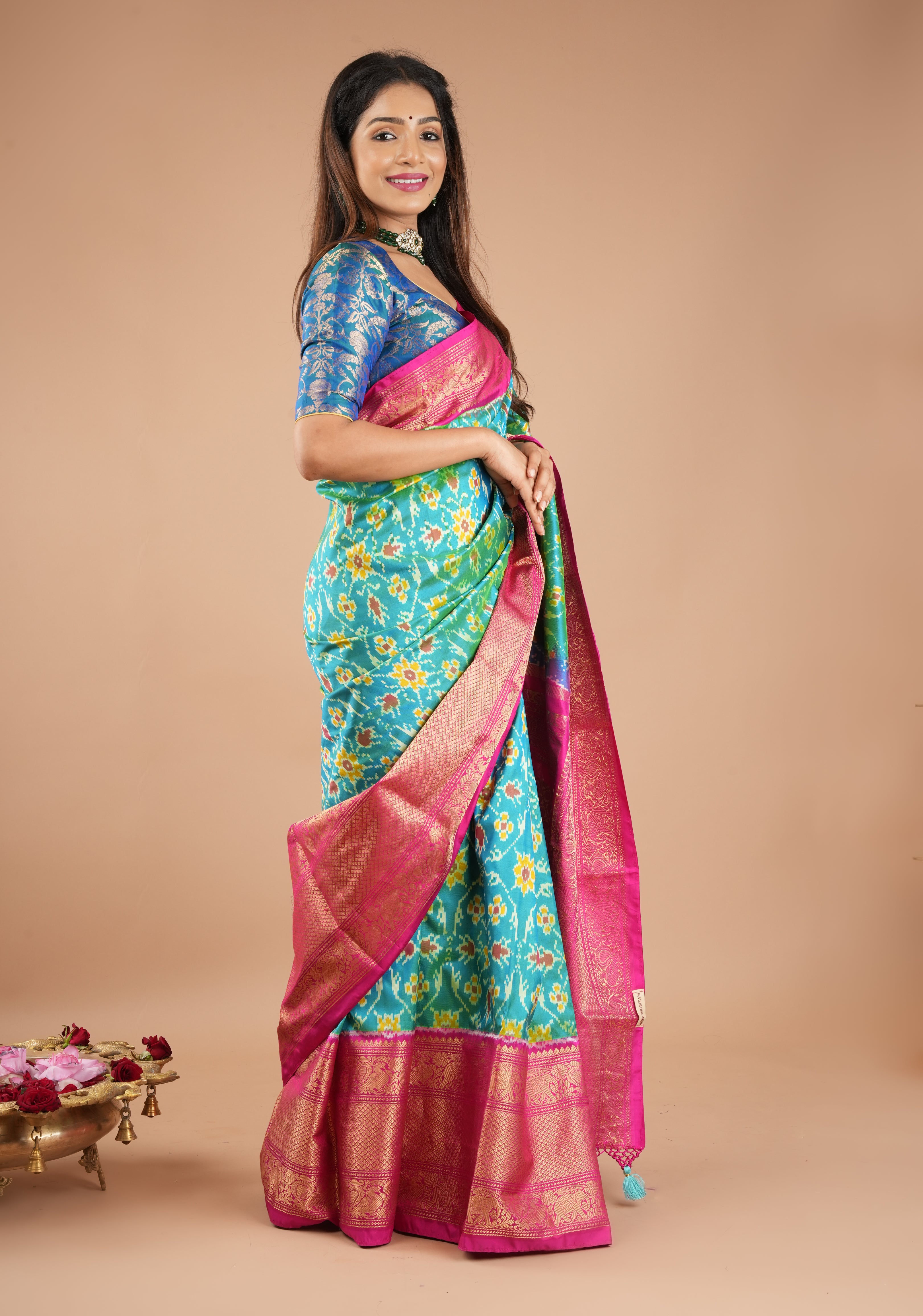 Ikkat Patola  Kanjivaram Fusion Silk Saree in Turquoise Blue & Mustard dual tone with Wide Kanjivaram border | SILK MARK CERTIFIED