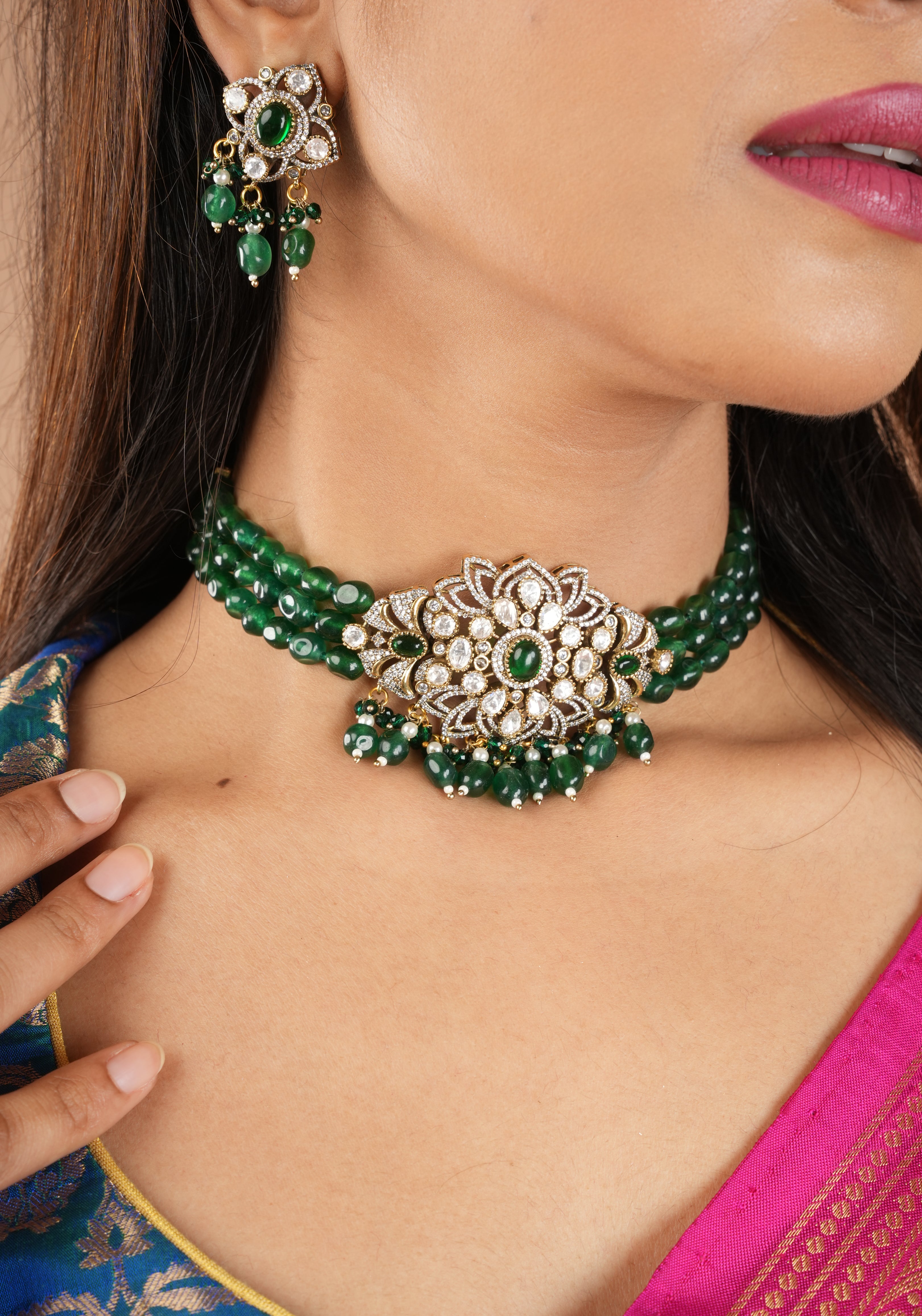 Multi Strands Emerald Green Beads kundan Floral Pendant Choker set with dangling Green Beads| Shobitam Jewelry