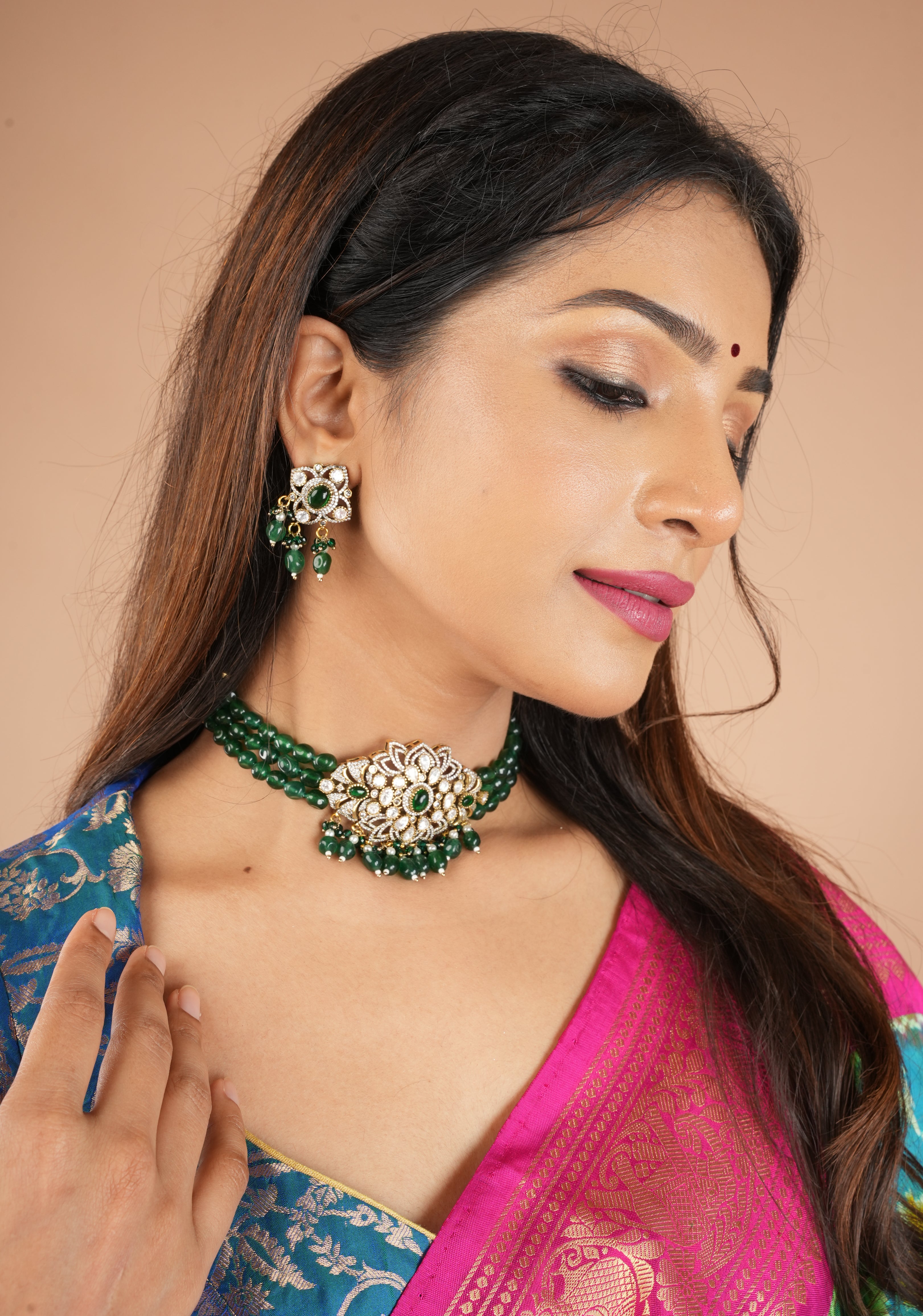 Multi Strands Emerald Green Beads kundan Floral Pendant Choker set with dangling Green Beads| Shobitam Jewelry