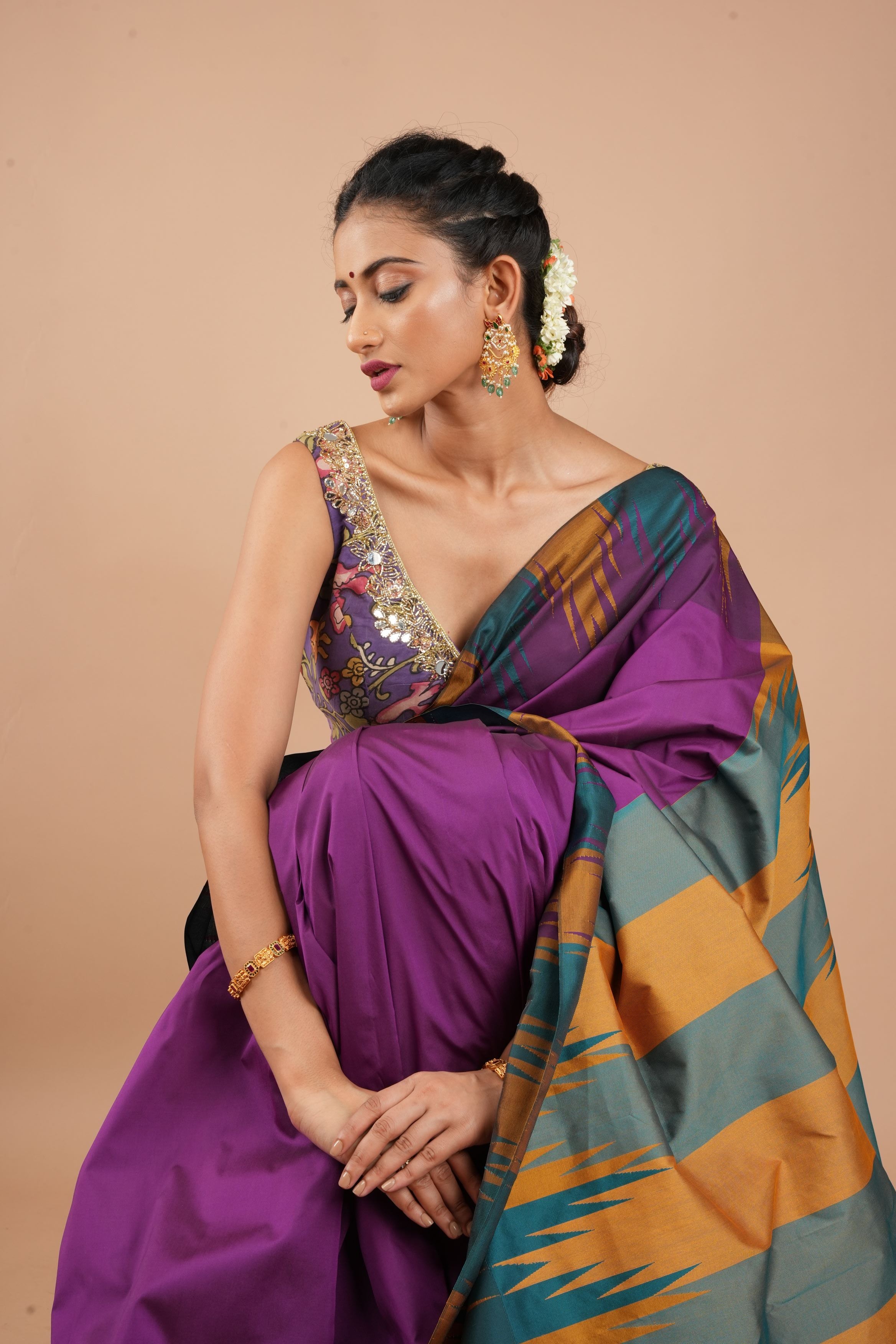 Purple and Two Color Temple Border on Art Silk Saree With Double color Indian kotki design Pallu