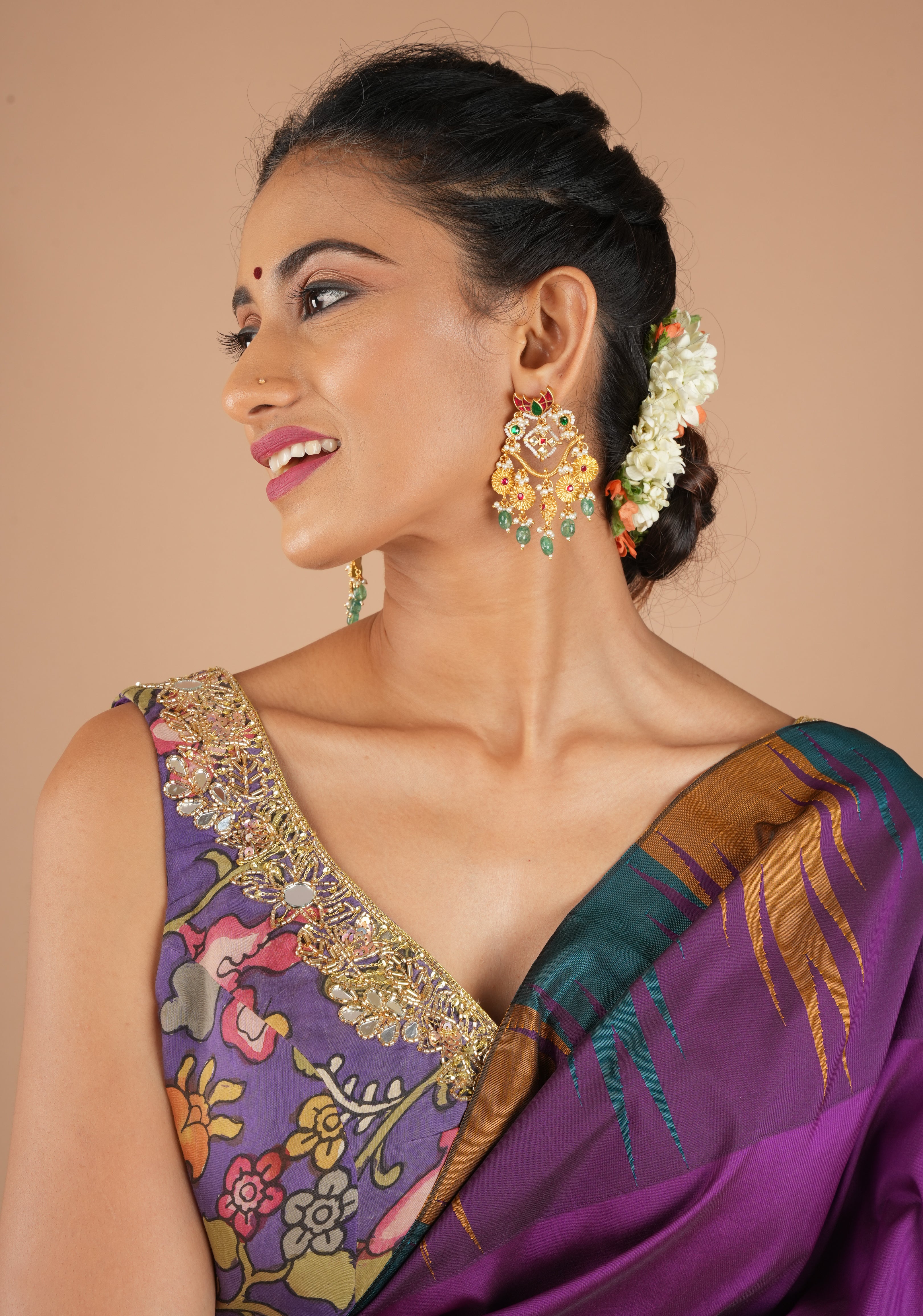 Purple Pure Pen Kalamkari Sleeveless Blouse with Mirror and Cutdana handworked embellishments, customizable, made-to-order