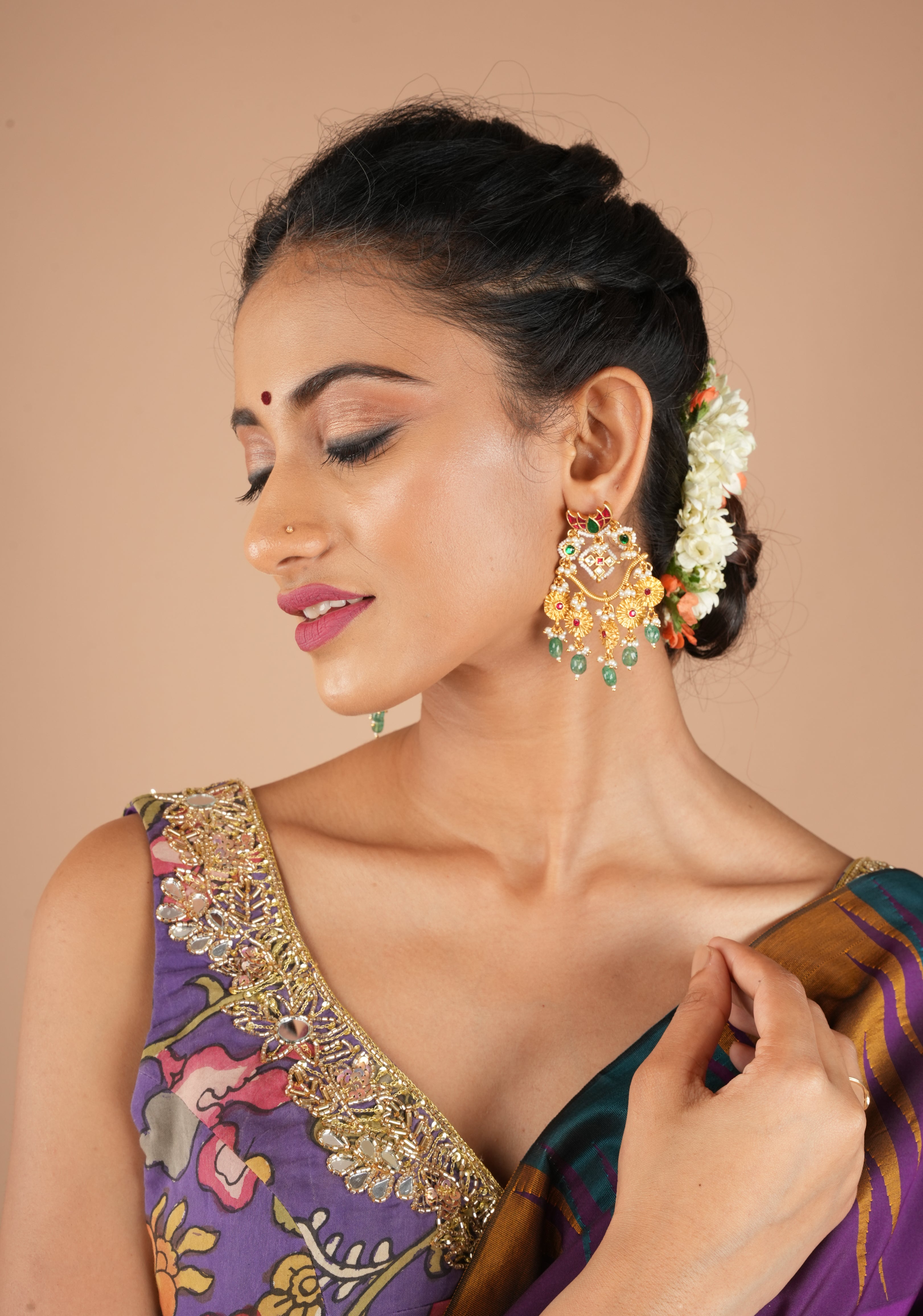 Chandbali Earrings with Kundan  stones and dangling  beads