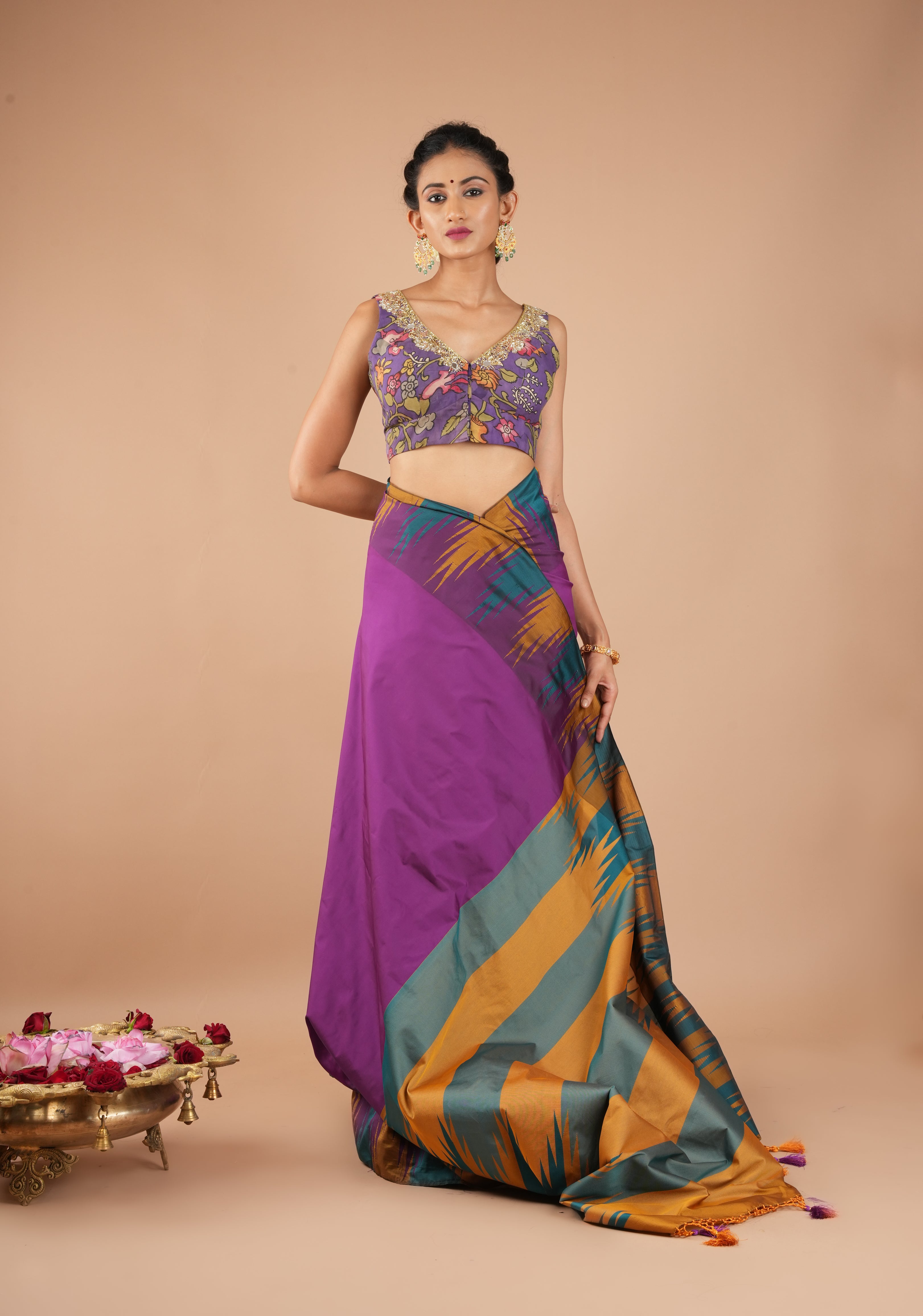 Purple Pure Pen Kalamkari Sleeveless Blouse with Mirror and Cutdana handworked embellishments, customizable, made-to-order