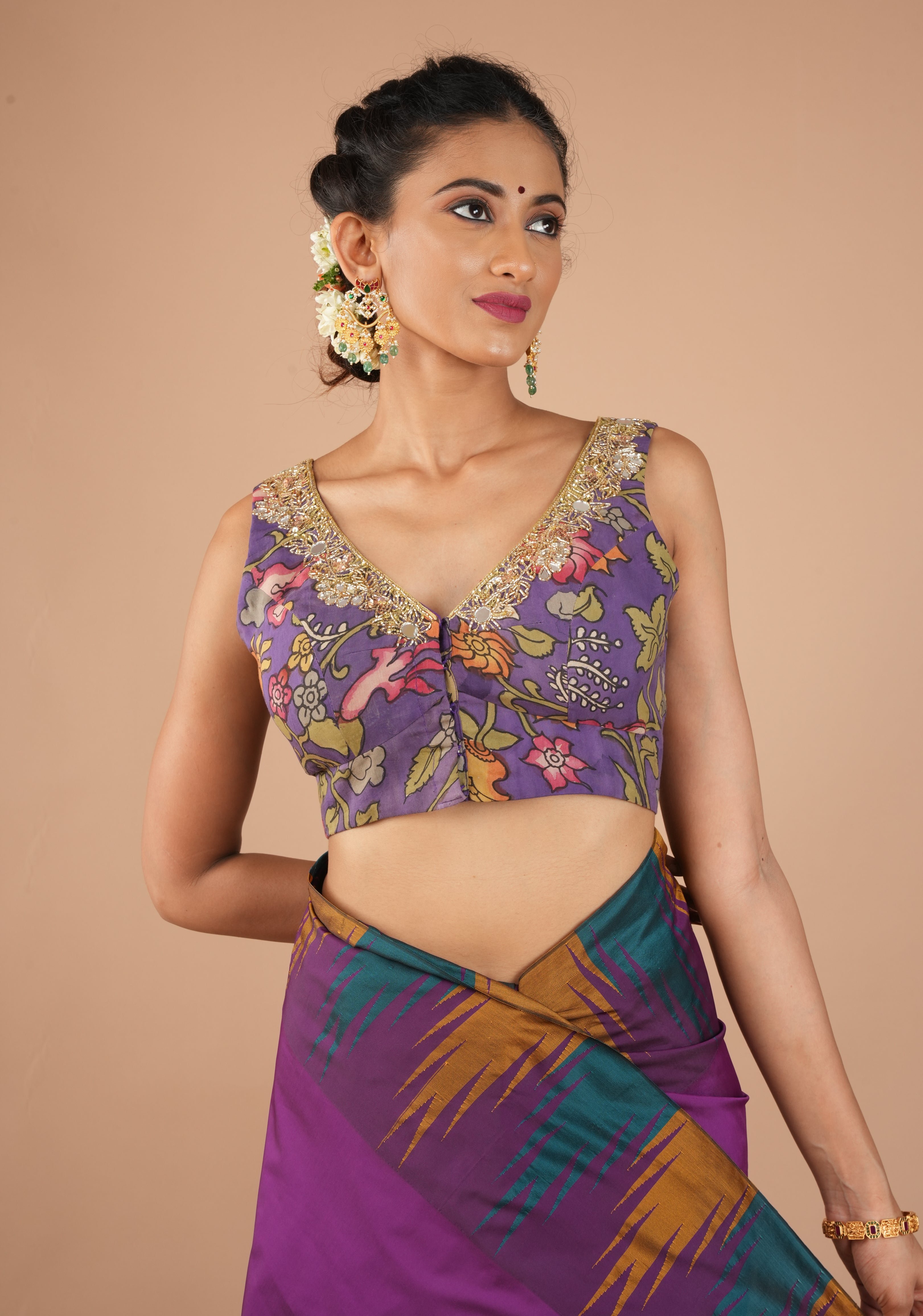 Purple Pure Pen Kalamkari Sleeveless Blouse with Mirror and Cutdana handworked embellishments, customizable, made-to-order