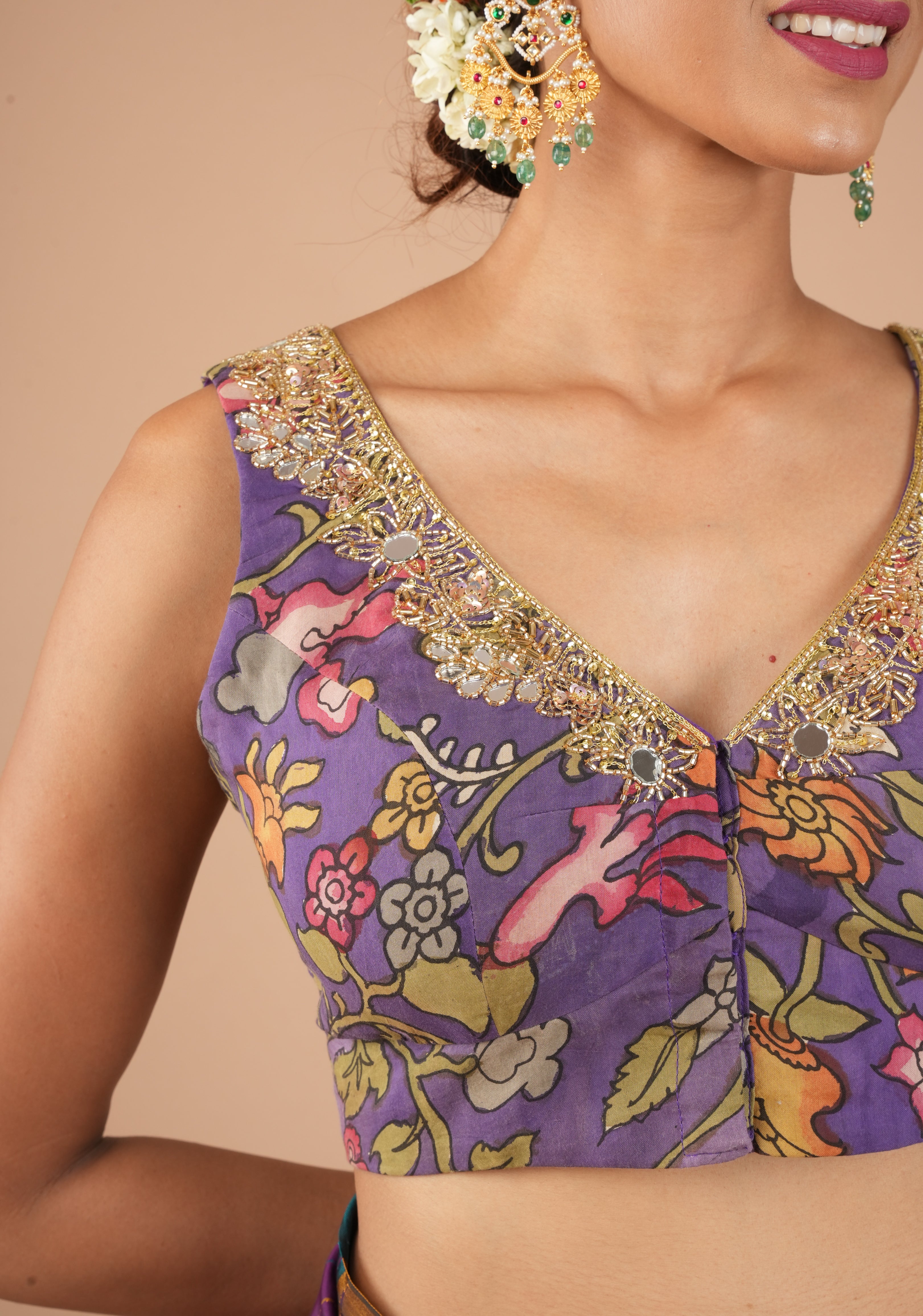 Purple Pure Pen Kalamkari Sleeveless Blouse with Mirror and Cutdana handworked embellishments, customizable, made-to-order