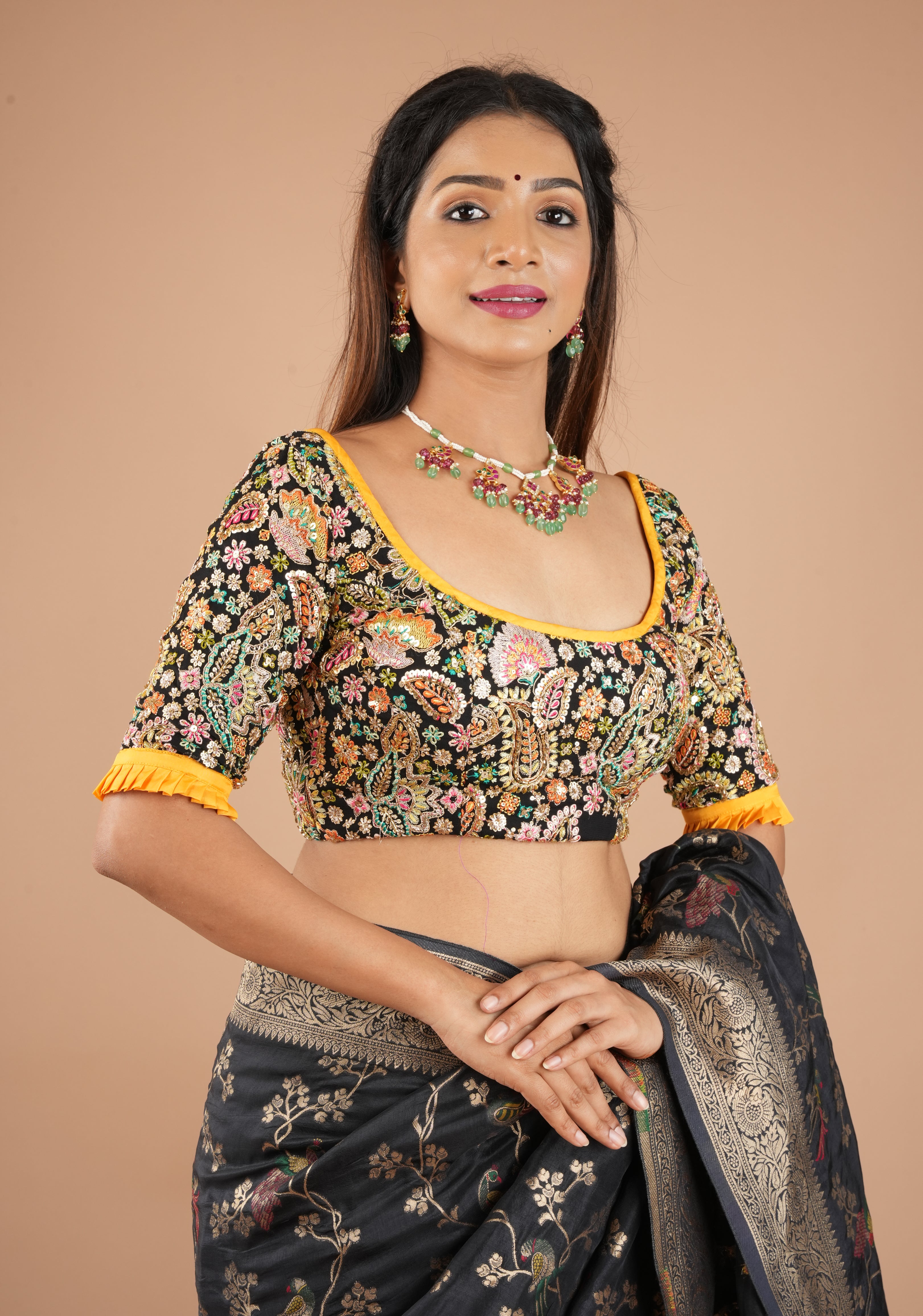 Black Georgette Floral Embroidery and Sequin - Cutdana Embellished blouse with yellow trims, Customizable, Made to Order