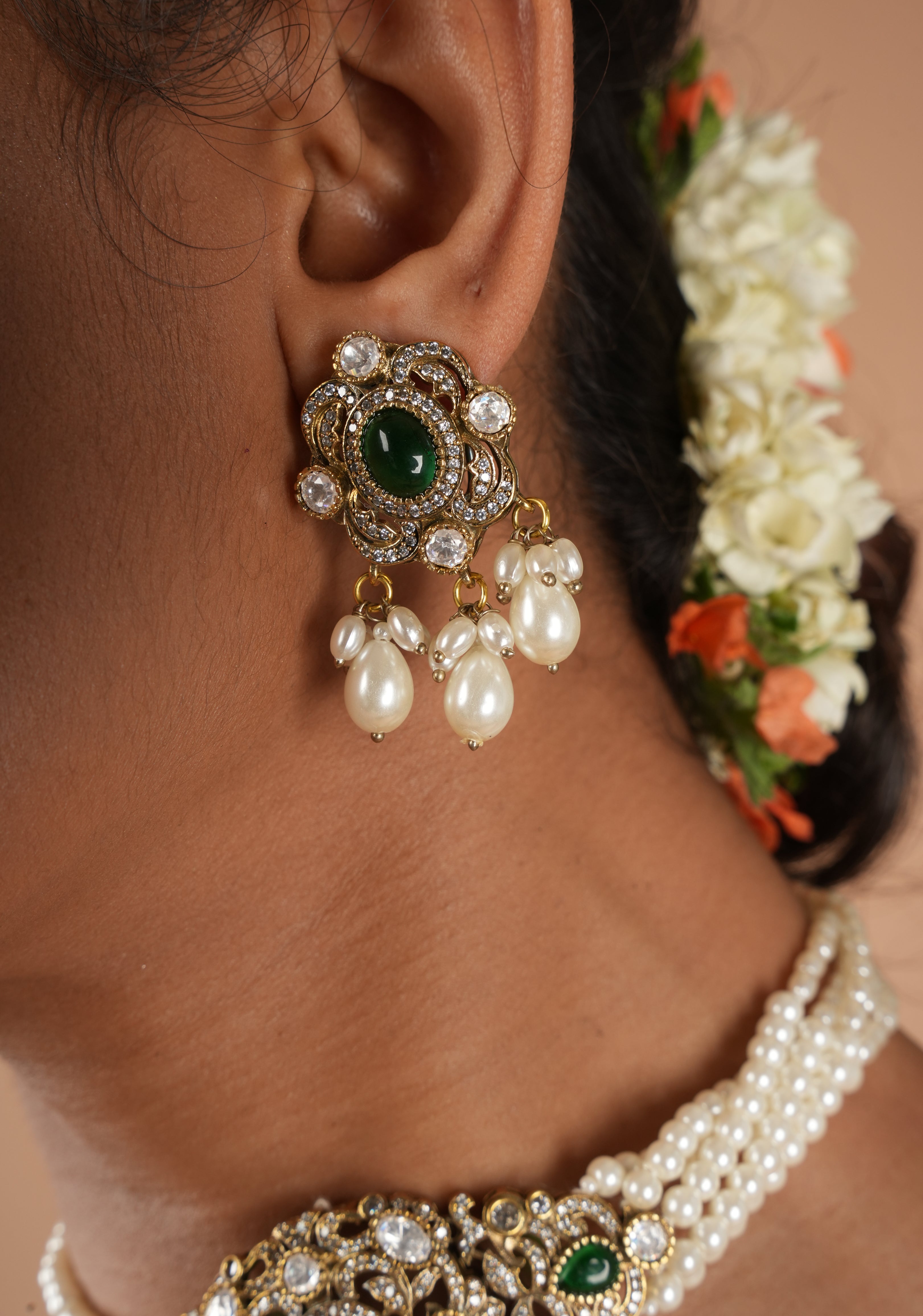 Multistrand White Beads kundan Floral Pendant Choker set | Shobitam Jewelry