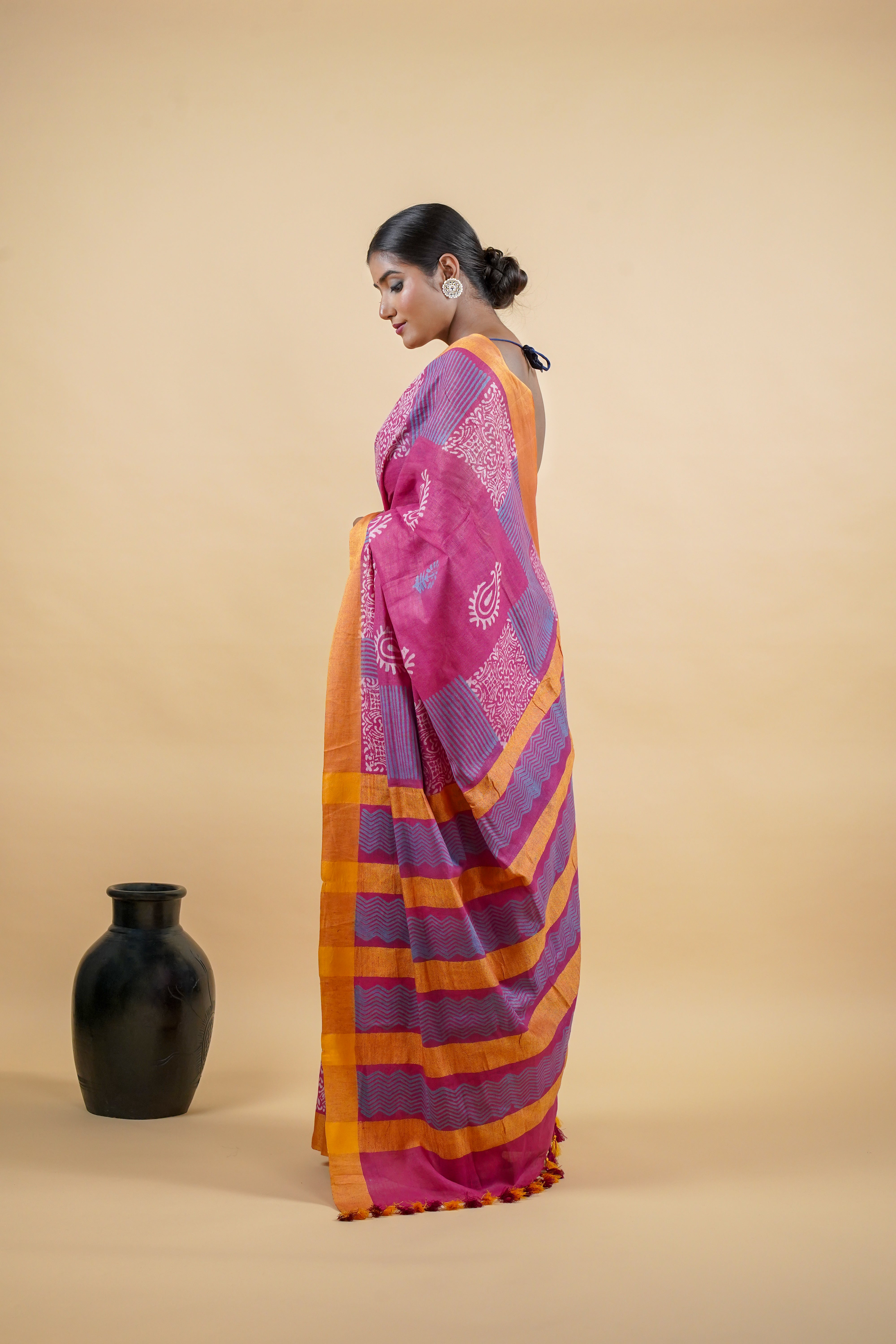 Pink Color Hand Batik Print Linen Saree