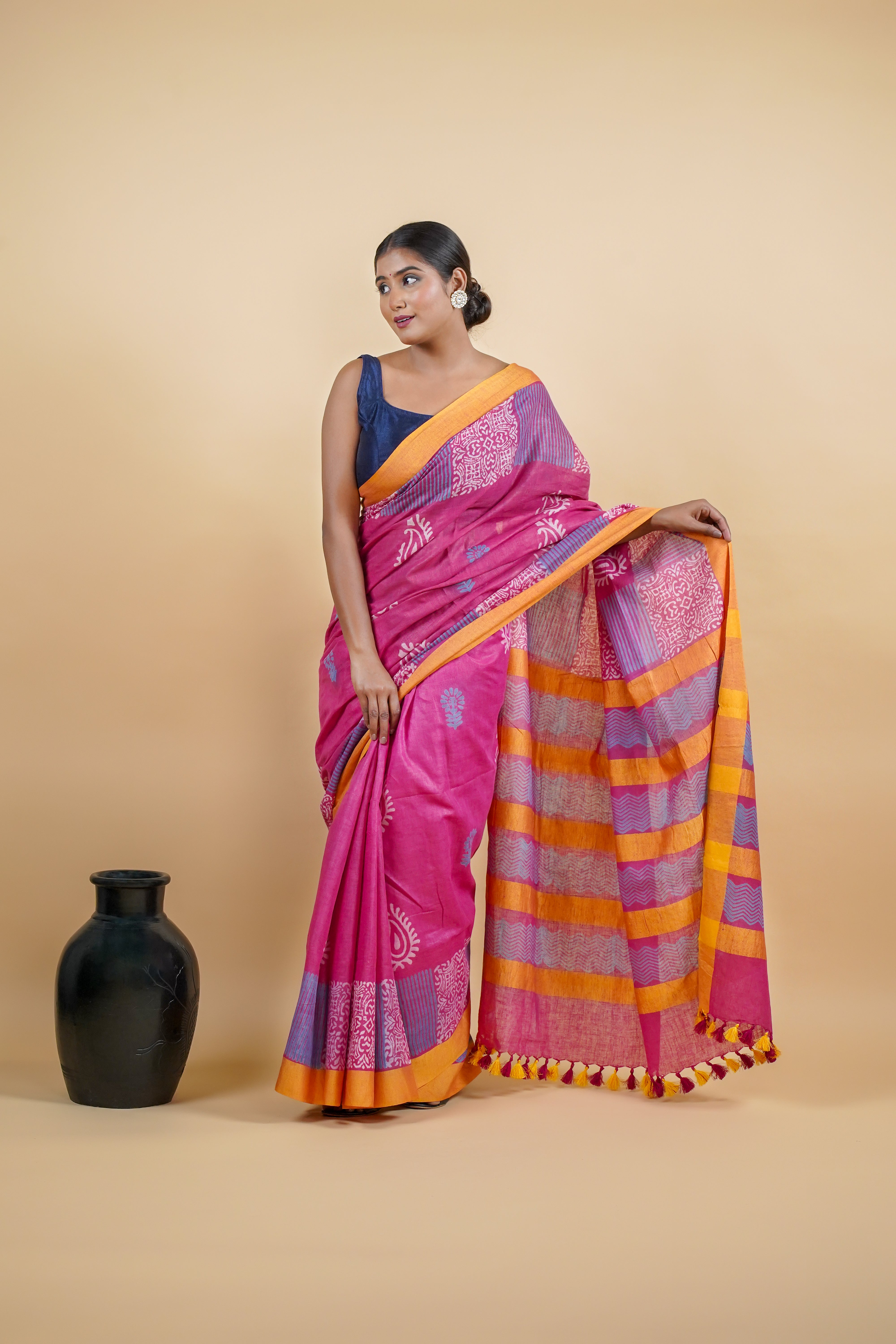 Pink Color Hand Batik Print Linen Saree