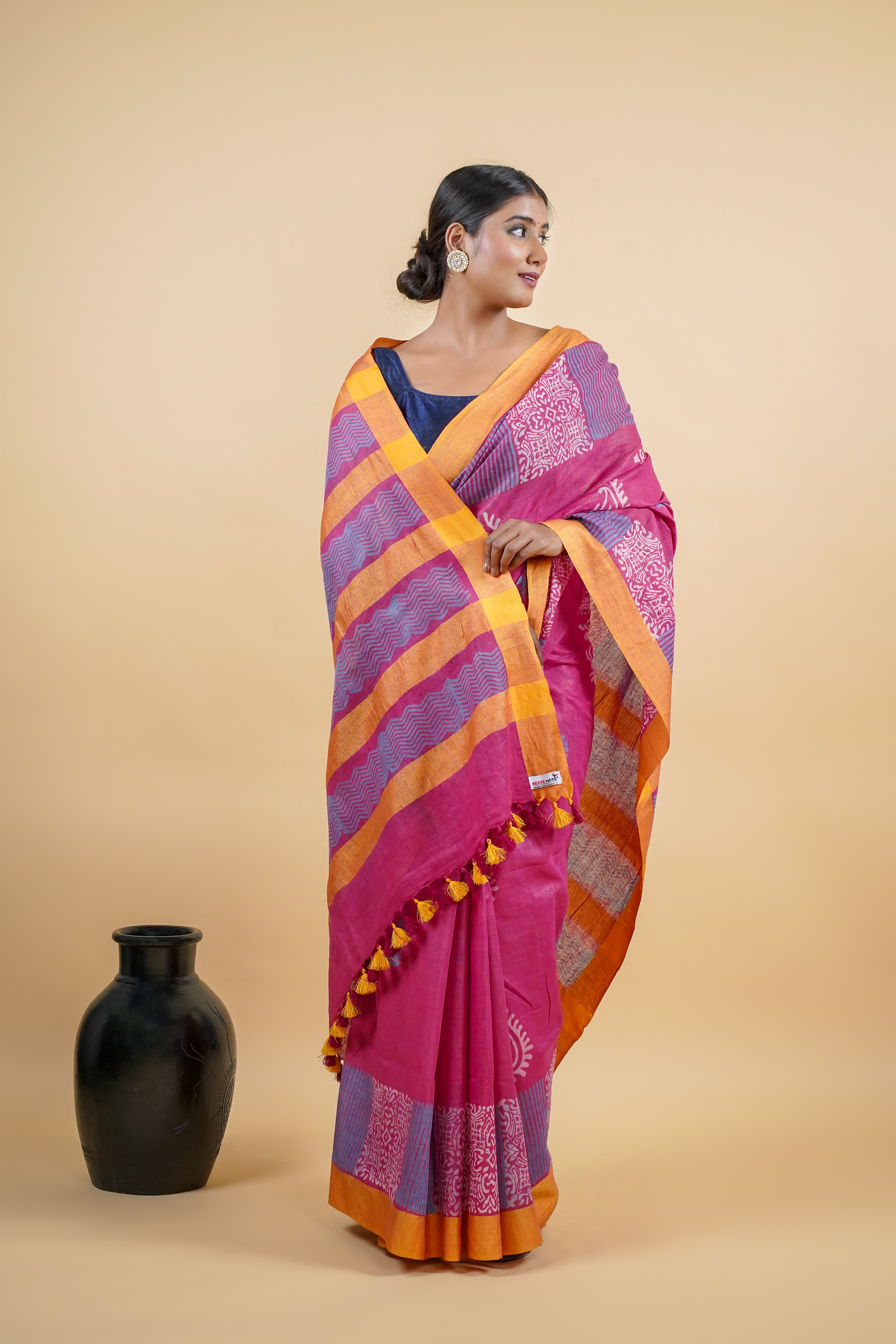 Pink Color Hand Batik Print Linen Saree