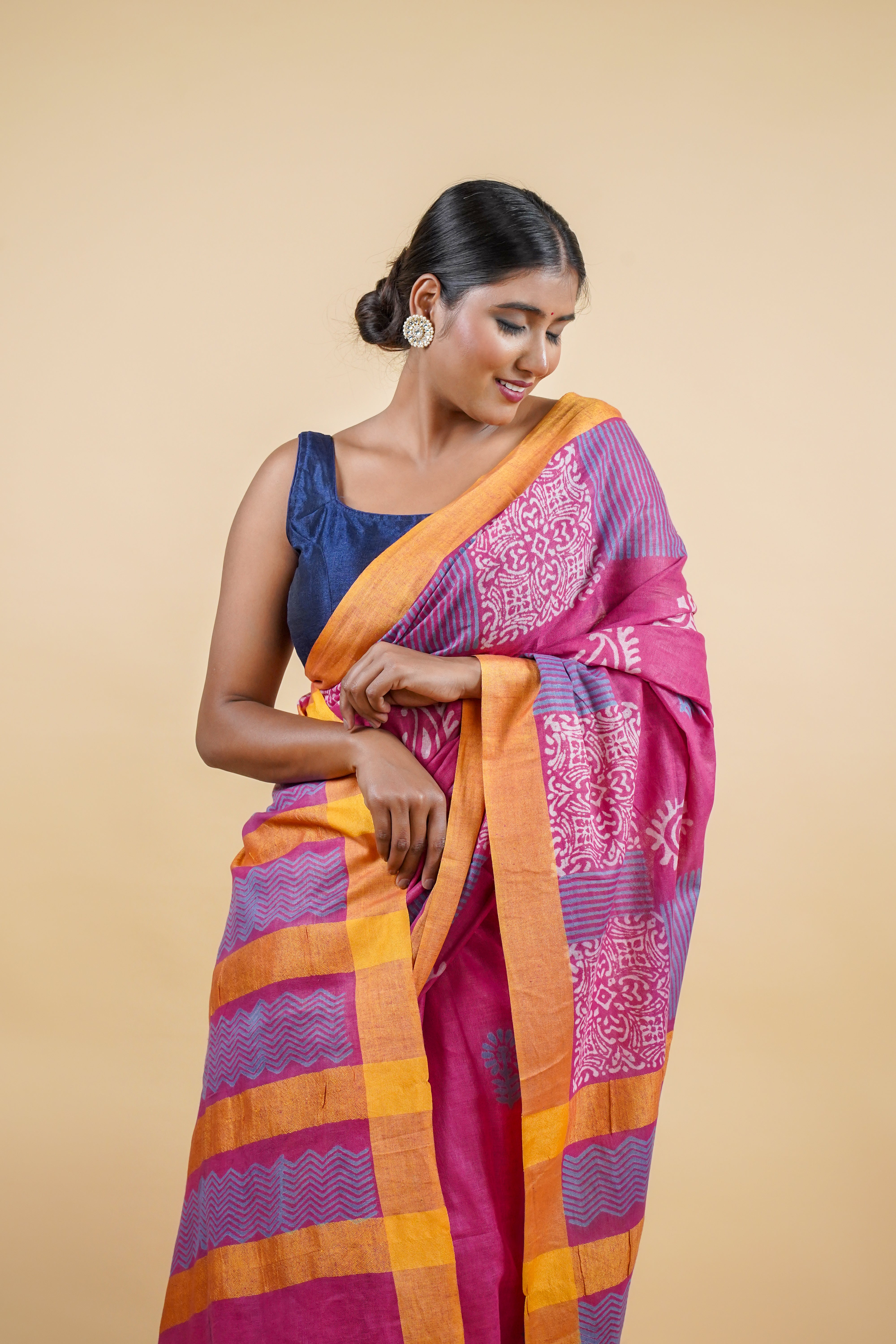 Pink Color Hand Batik Print Linen Saree