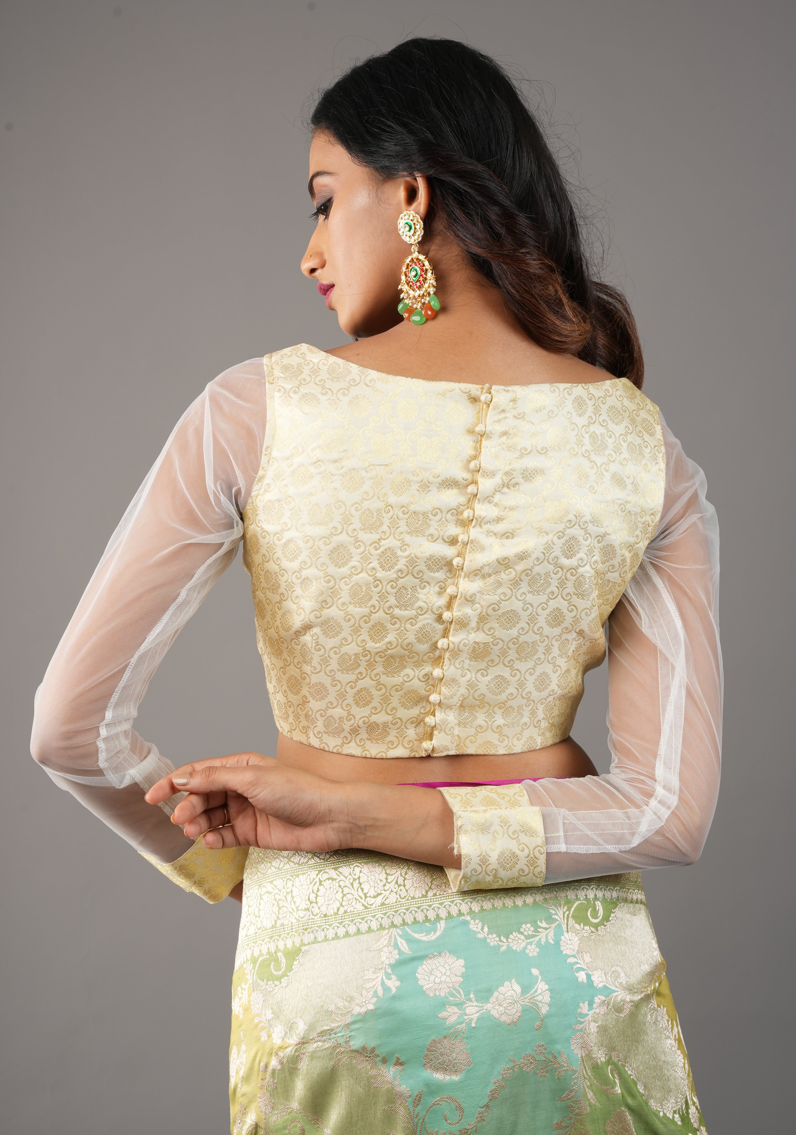 Ivory Kanjivaram Brocade Pure Silk Blouse with Scalloped Neckline and Sheer Sleeves, customizable, made-to-order