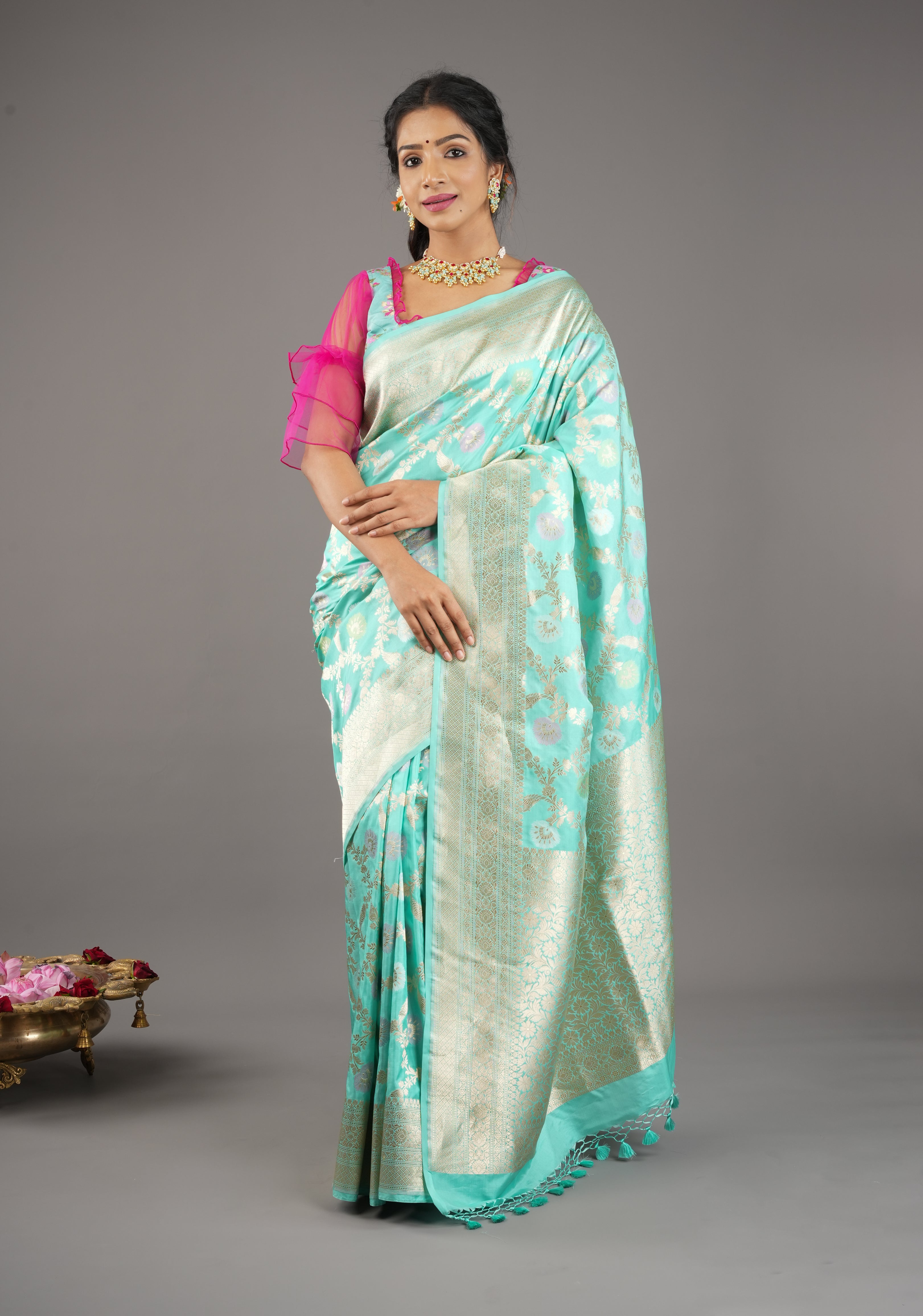 Lagoon Teal Exquisite Meenakari Floral Pattern Jaal Pure Katan Silk Banarasi Saree | SILK MARK CERTIFIED