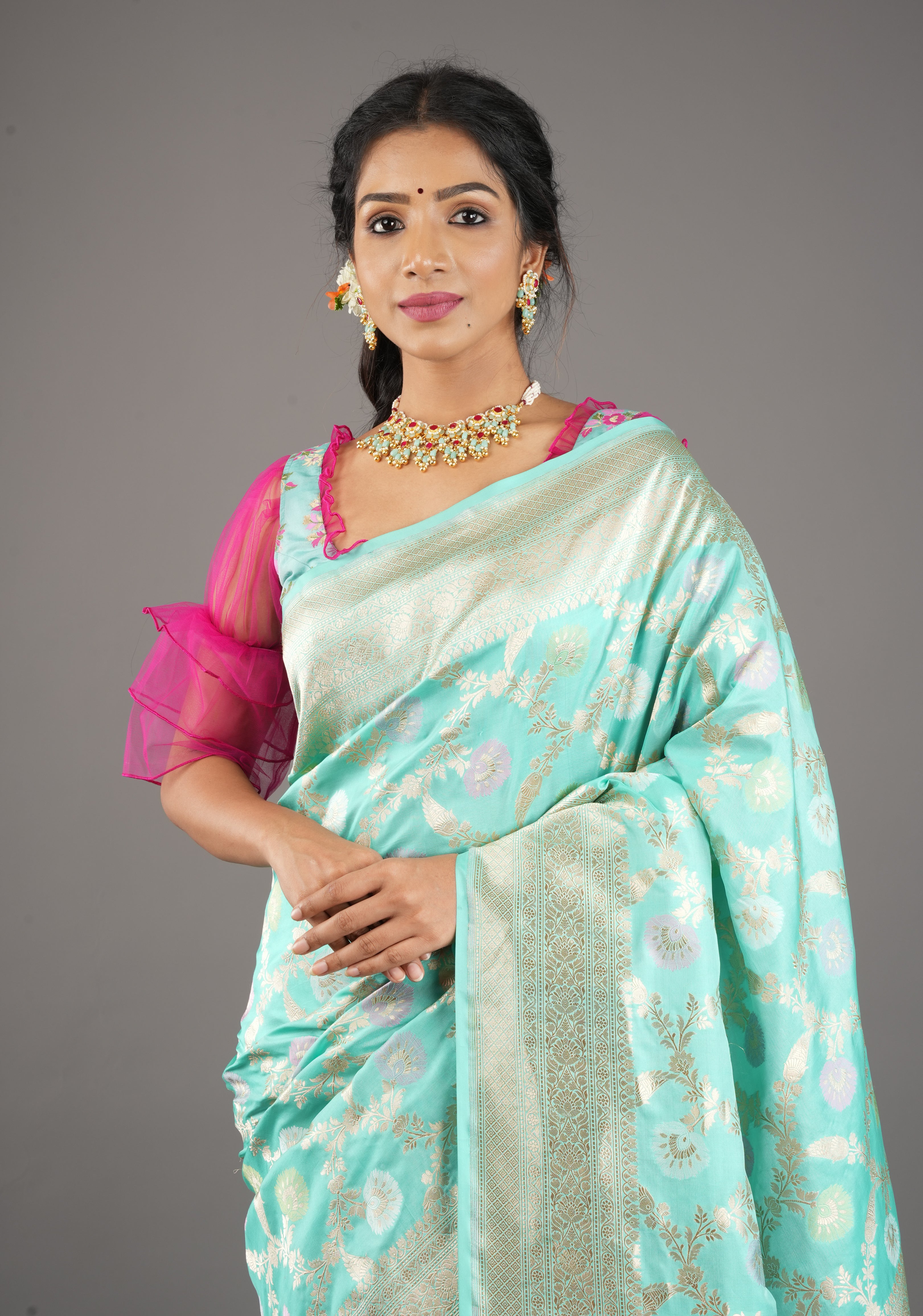 Lagoon Teal Exquisite Meenakari Floral Pattern Jaal Pure Katan Silk Banarasi Saree | SILK MARK CERTIFIED