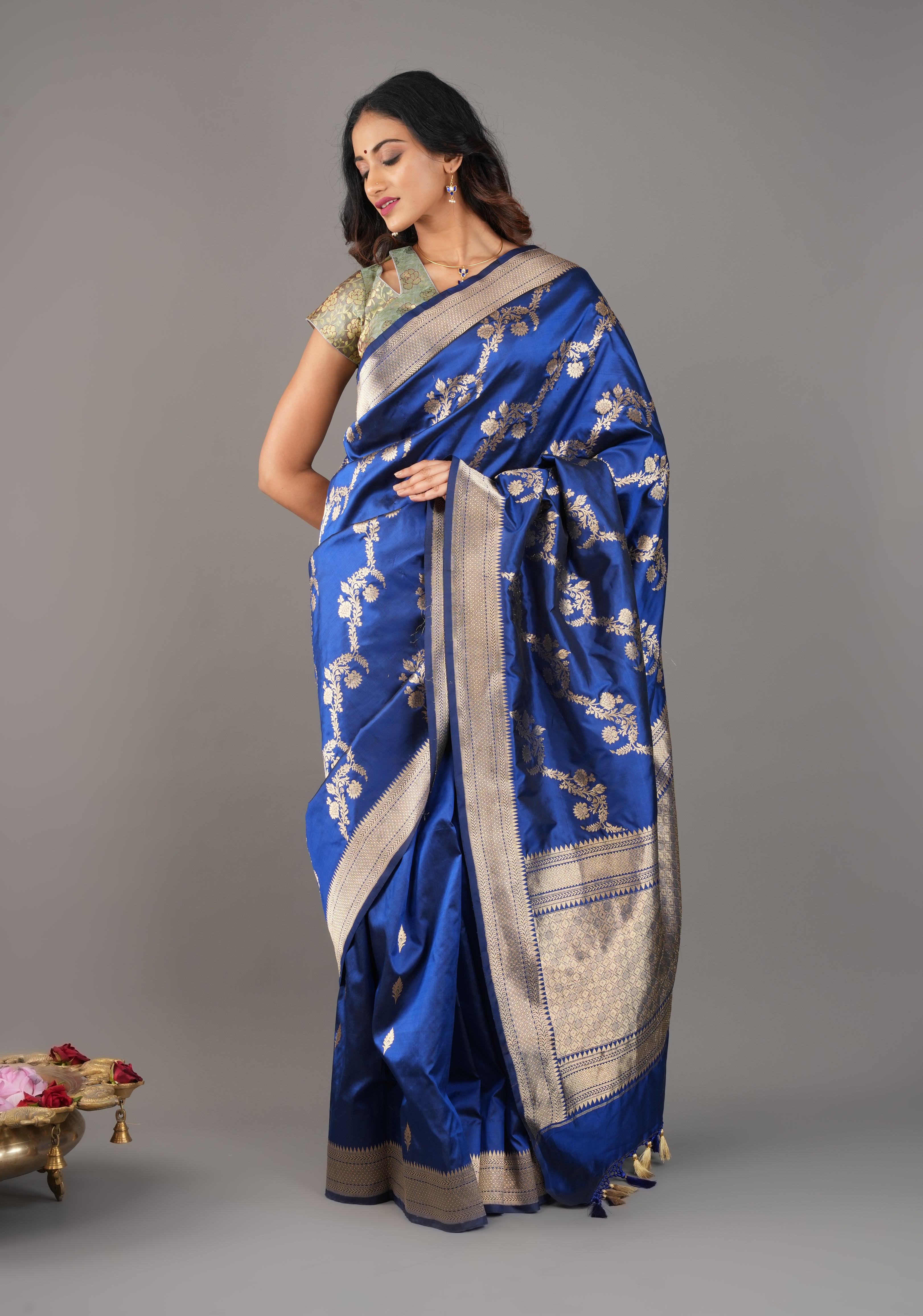 Exquisite Half Jaal half buti Banarasi Katan Silk Saree in Cobalt Blue with Kadhuwa Weave | SILK MARK CERTIFIED