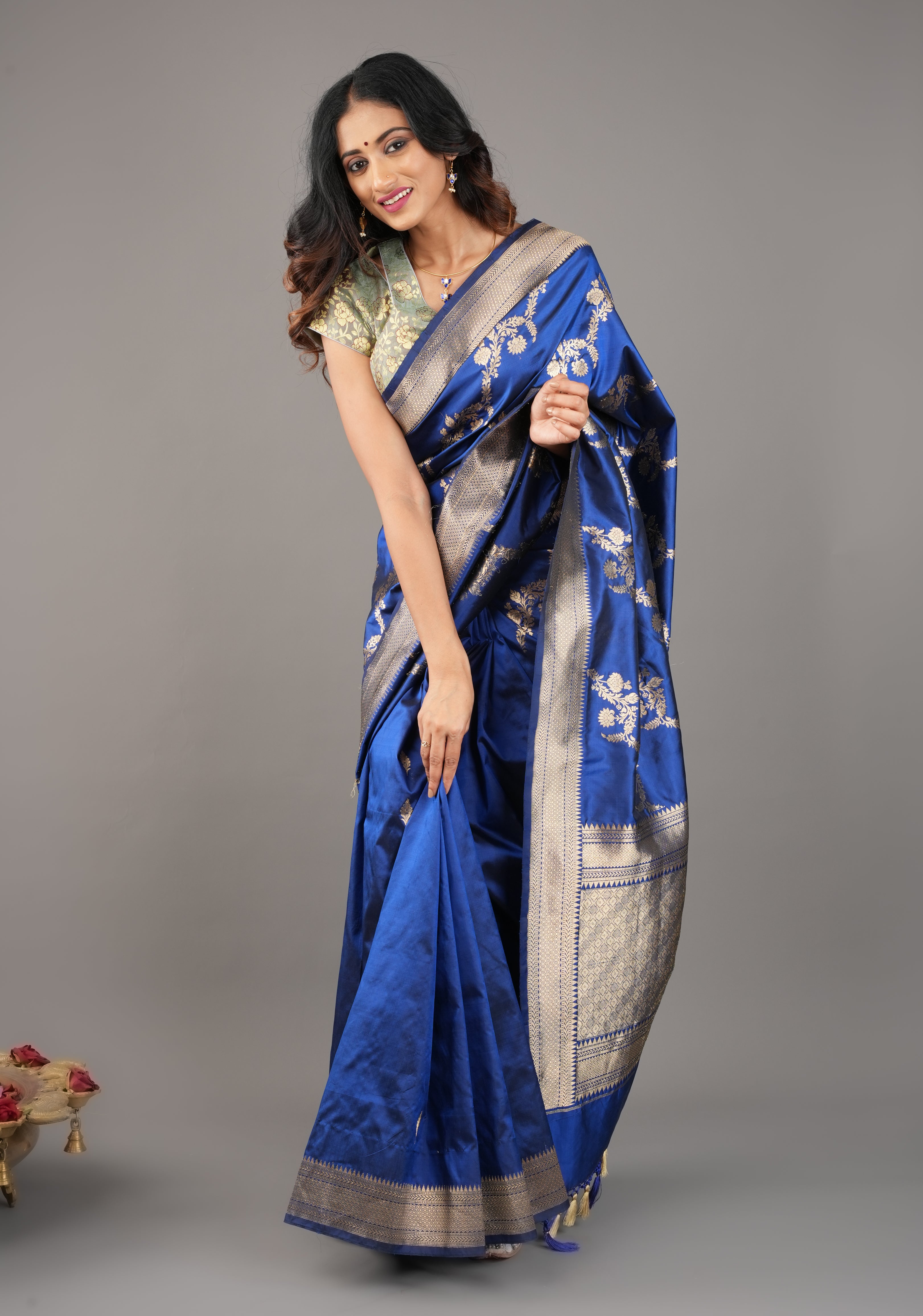 Exquisite Half Jaal half buti Banarasi Katan Silk Saree in Cobalt Blue with Kadhuwa Weave | SILK MARK CERTIFIED