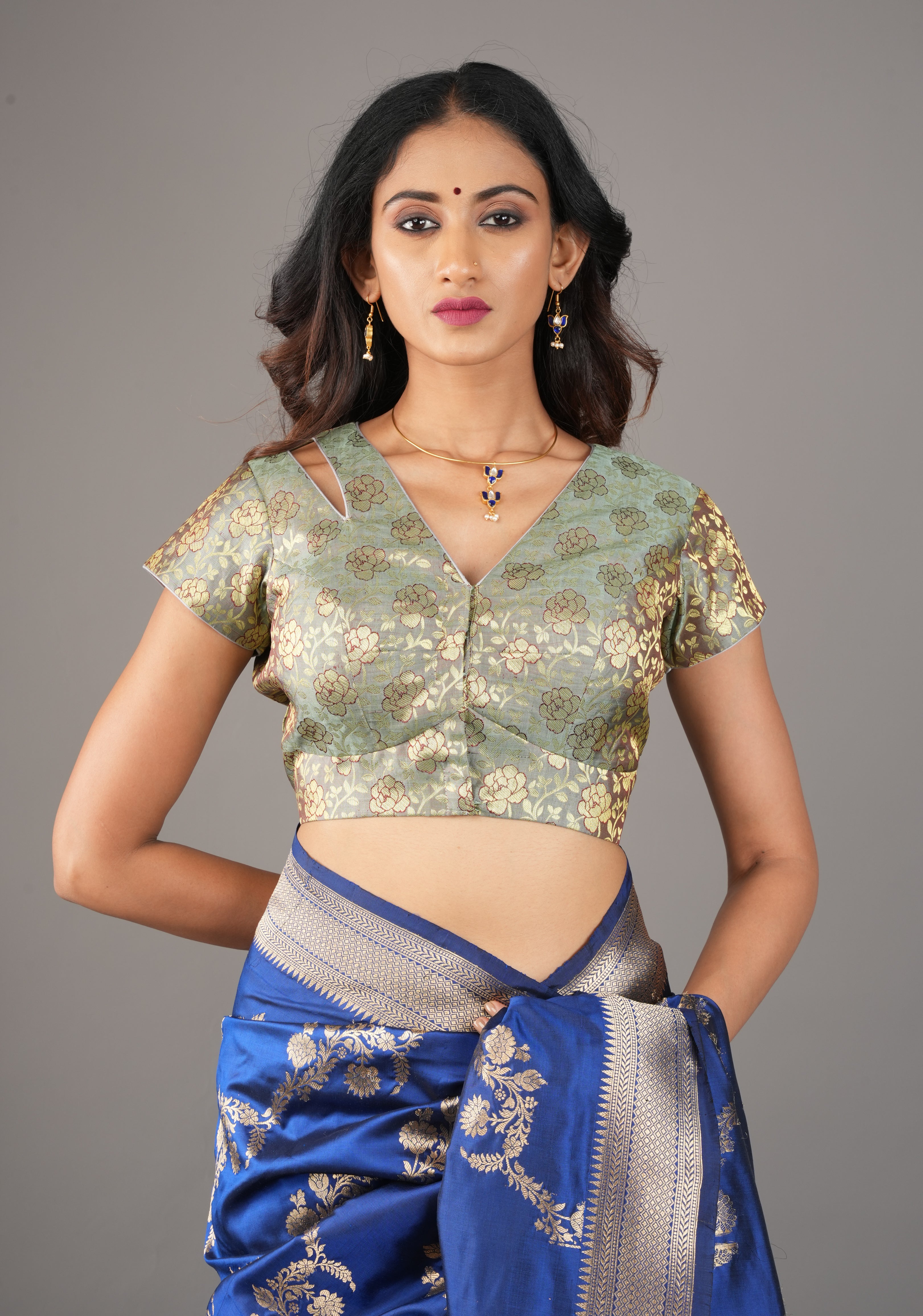 Sage Green Pure Kanjivaram silk brocade blouse with cutout shoulder, Customizable, Made To Order