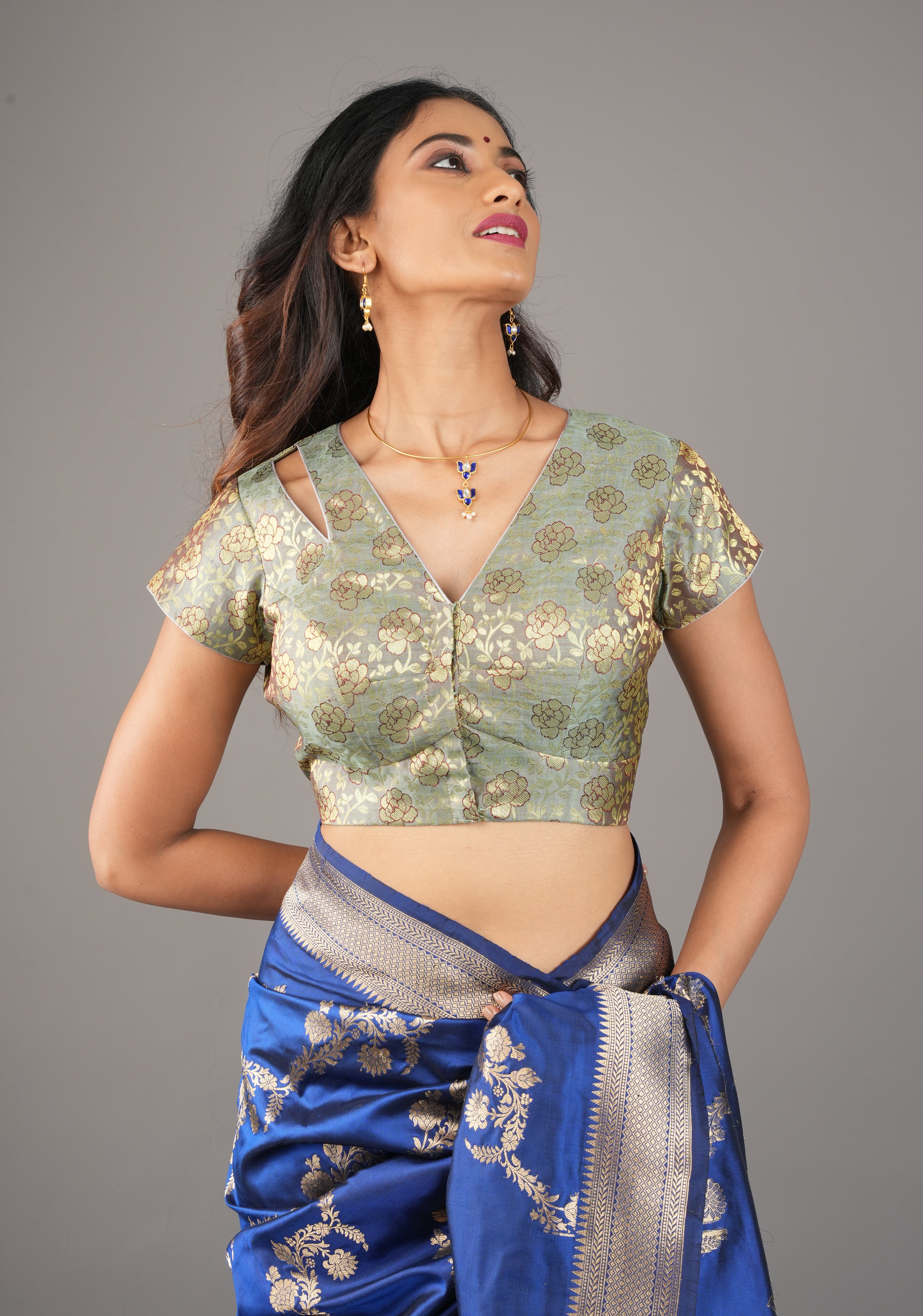 Sage Green Pure Kanjivaram silk brocade blouse with cutout shoulder, Customizable, Made To Order