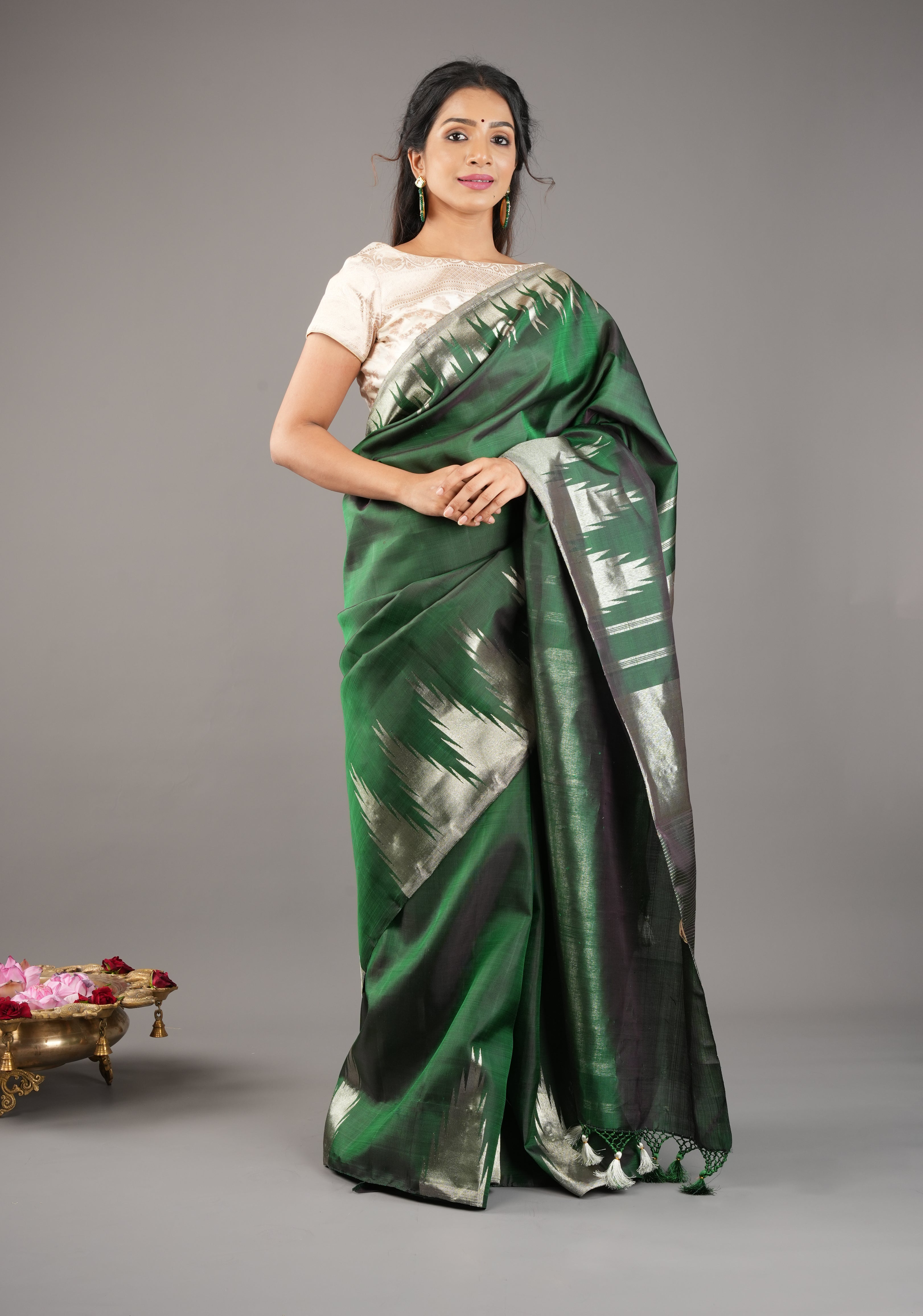 Bottle Green Kanjivaram Pure Silk Saree with silver Zari Temple border | SILK MARK CERTIFIED