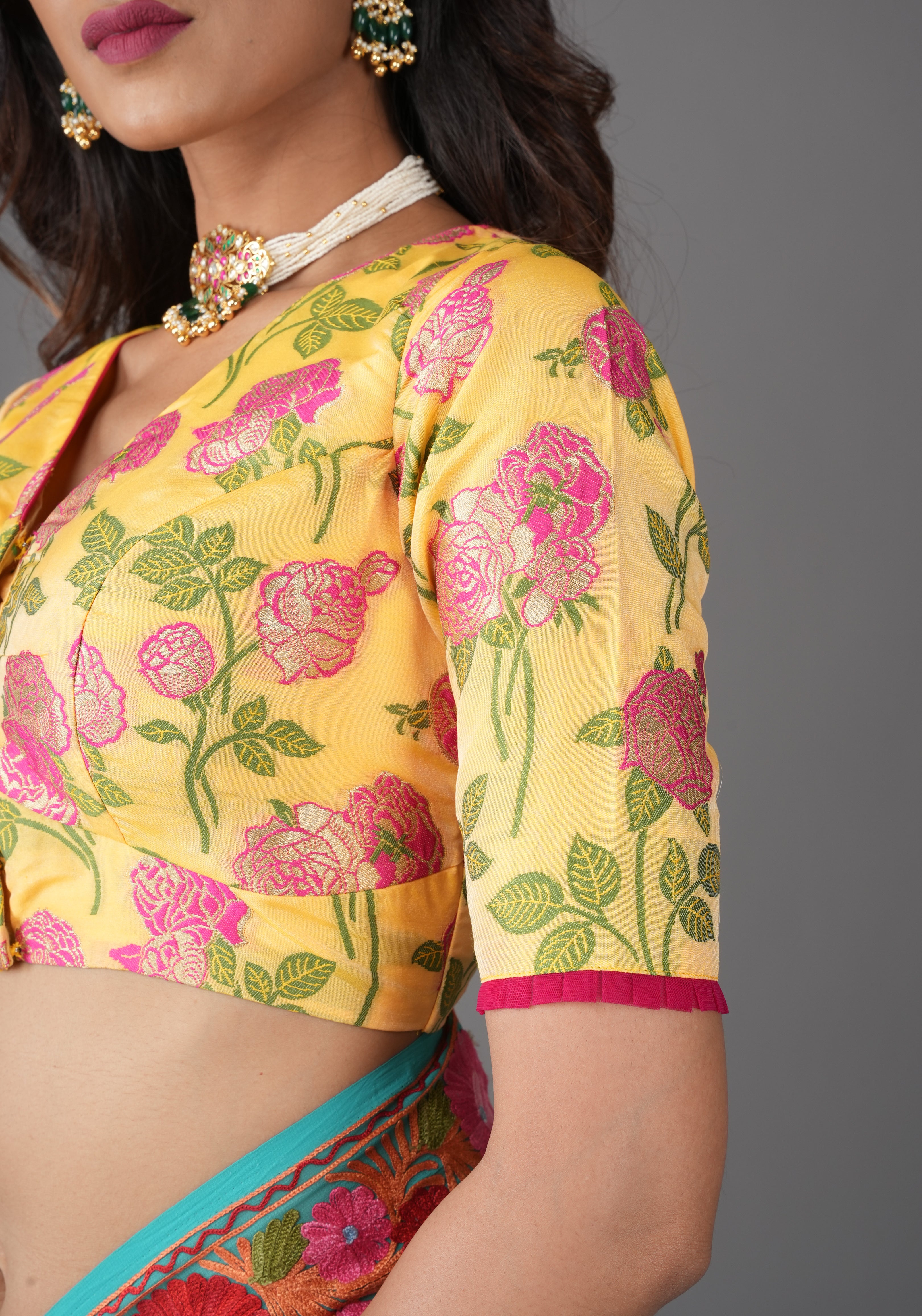 Light Yellow Banarasi Meenakari Blouse with V neck and Florals, Customizable, Made To Order