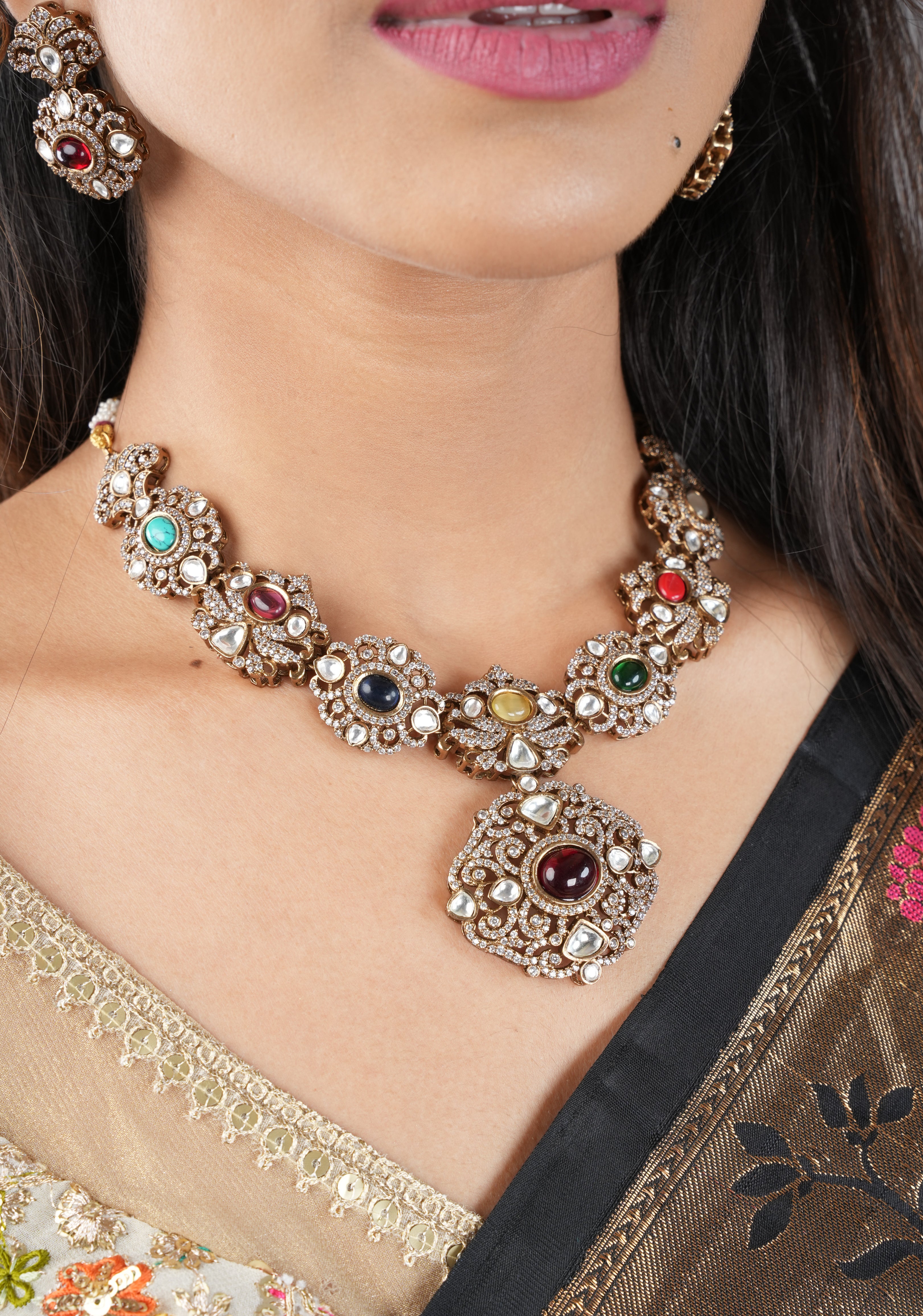 Classic Victorian Design Stone Studded Necklace Set with Navaratna Stones