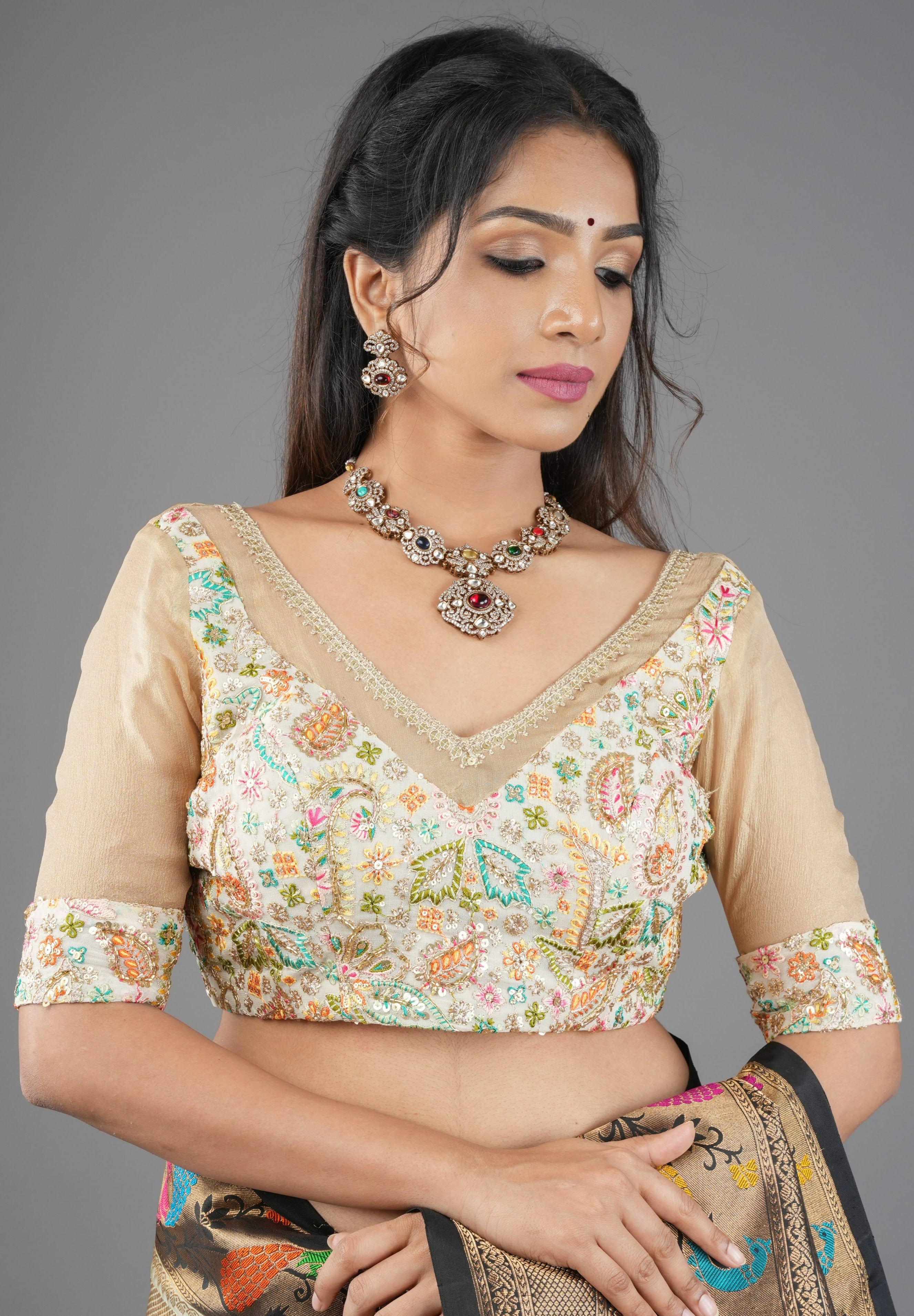 Cream Georgette Embroidered Blouse sequin cutdana and pure  Tissue Chiffon detailing, Customizable, Made To Order