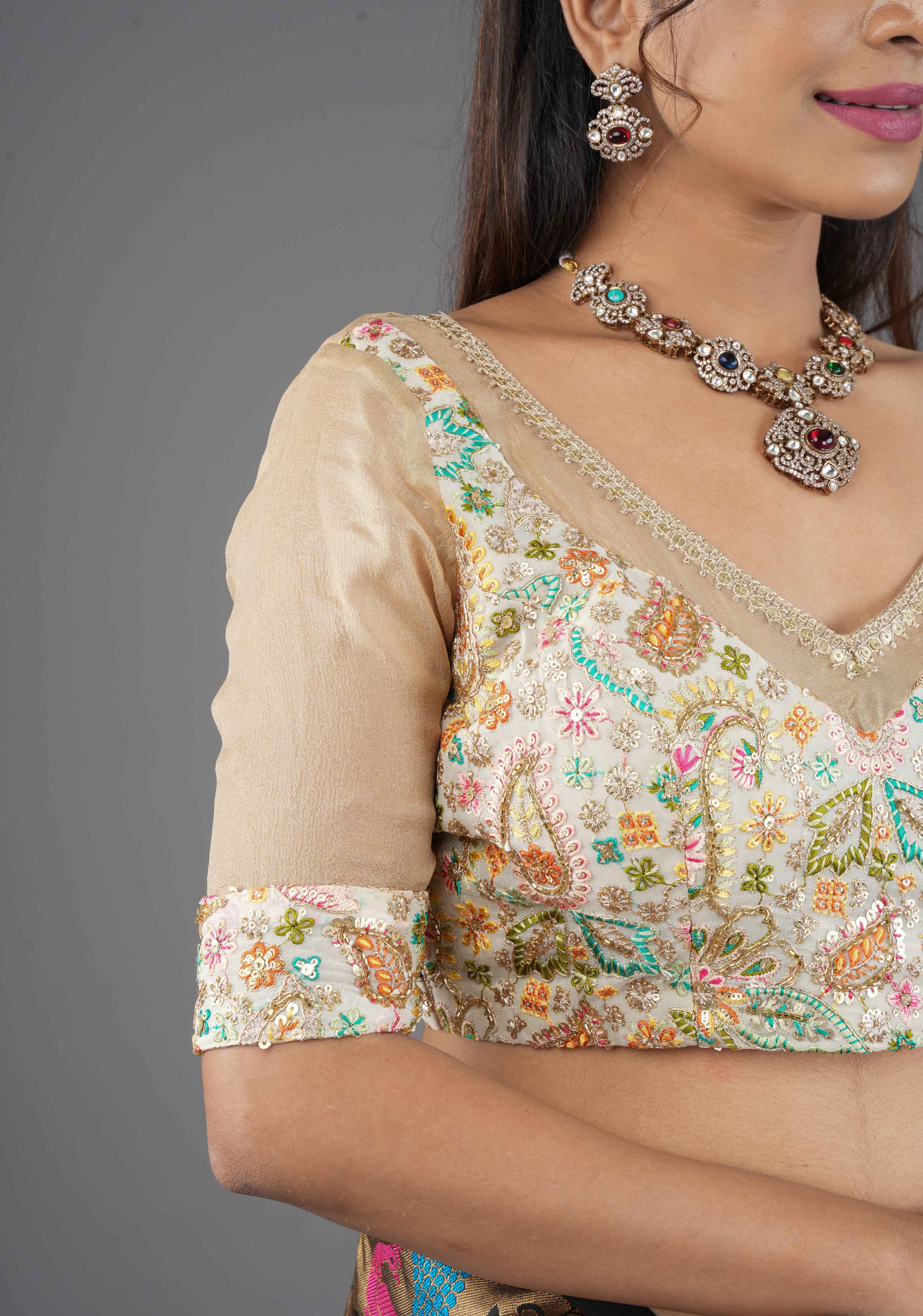 Cream Georgette Embroidered Blouse sequin cutdana and pure  Tissue Chiffon detailing, Customizable, Made To Order