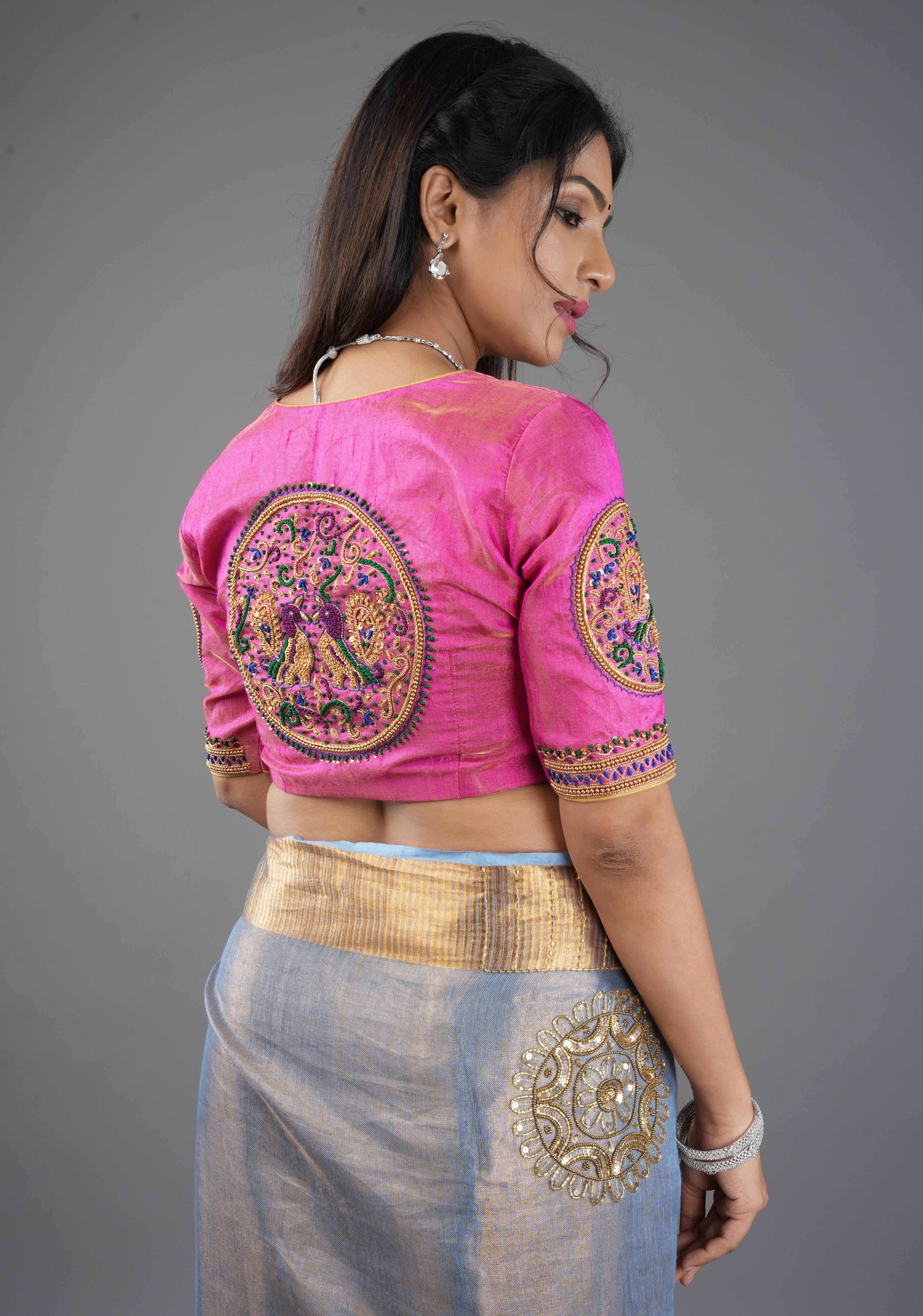 Pink Pure Tissue Raw Silk Blouse With Hand Embroidered Peacock Mandalas, Customizable, Made to Order