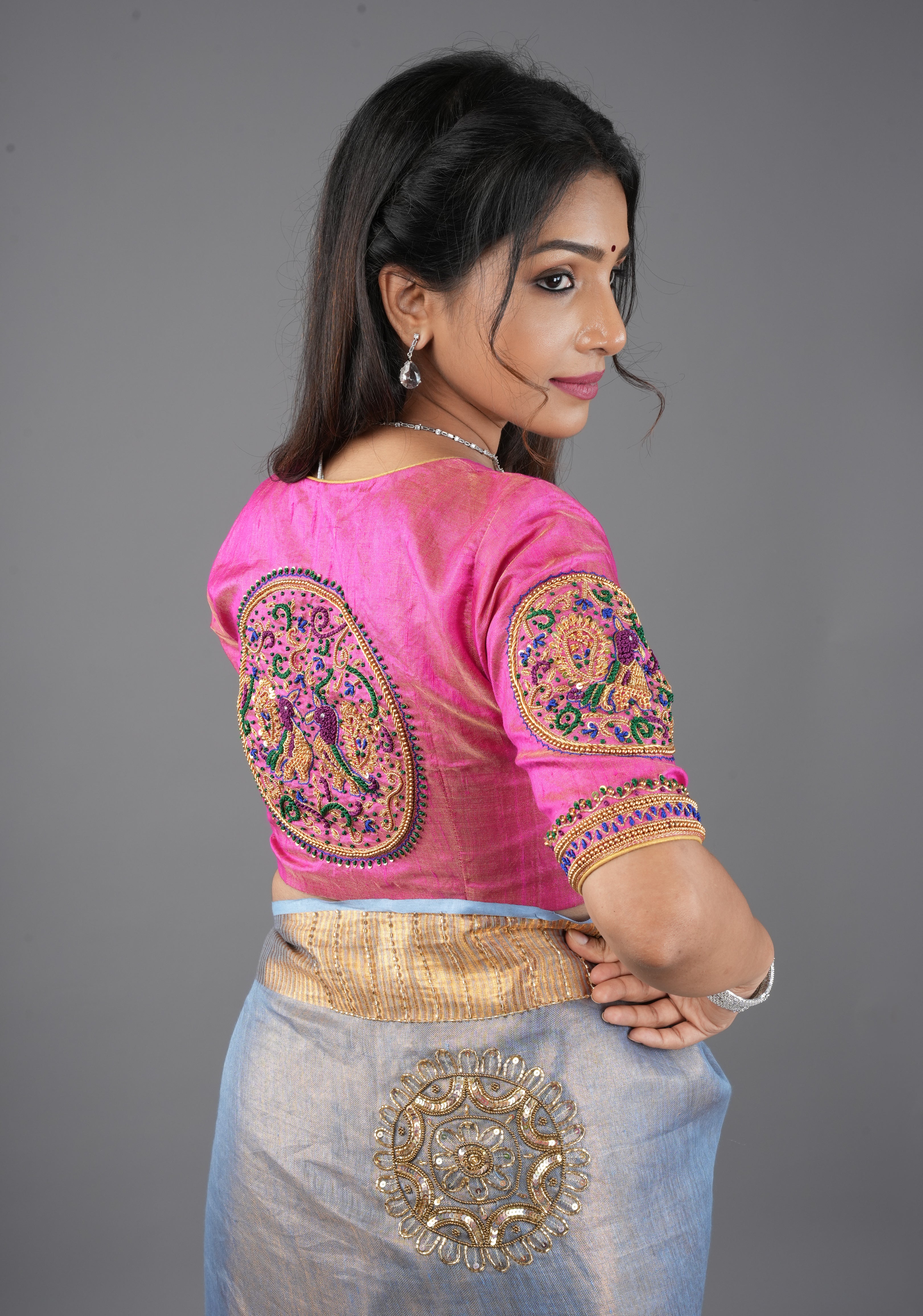 Pink Pure Tissue Raw Silk Blouse With Hand Embroidered Peacock Mandalas, Customizable, Made to Order