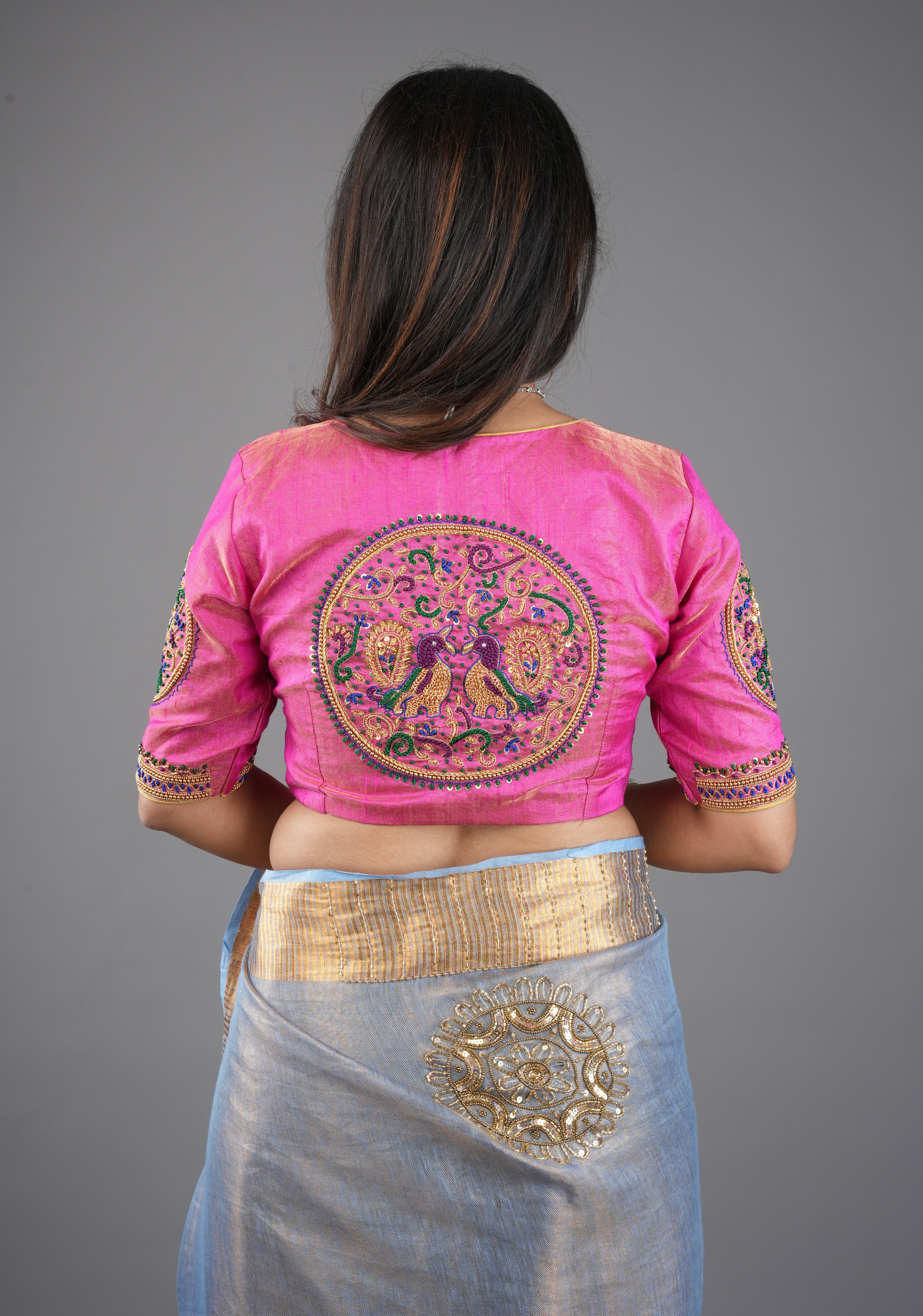 Pink Pure Tissue Raw Silk Blouse With Hand Embroidered Peacock Mandalas, Customizable, Made to Order