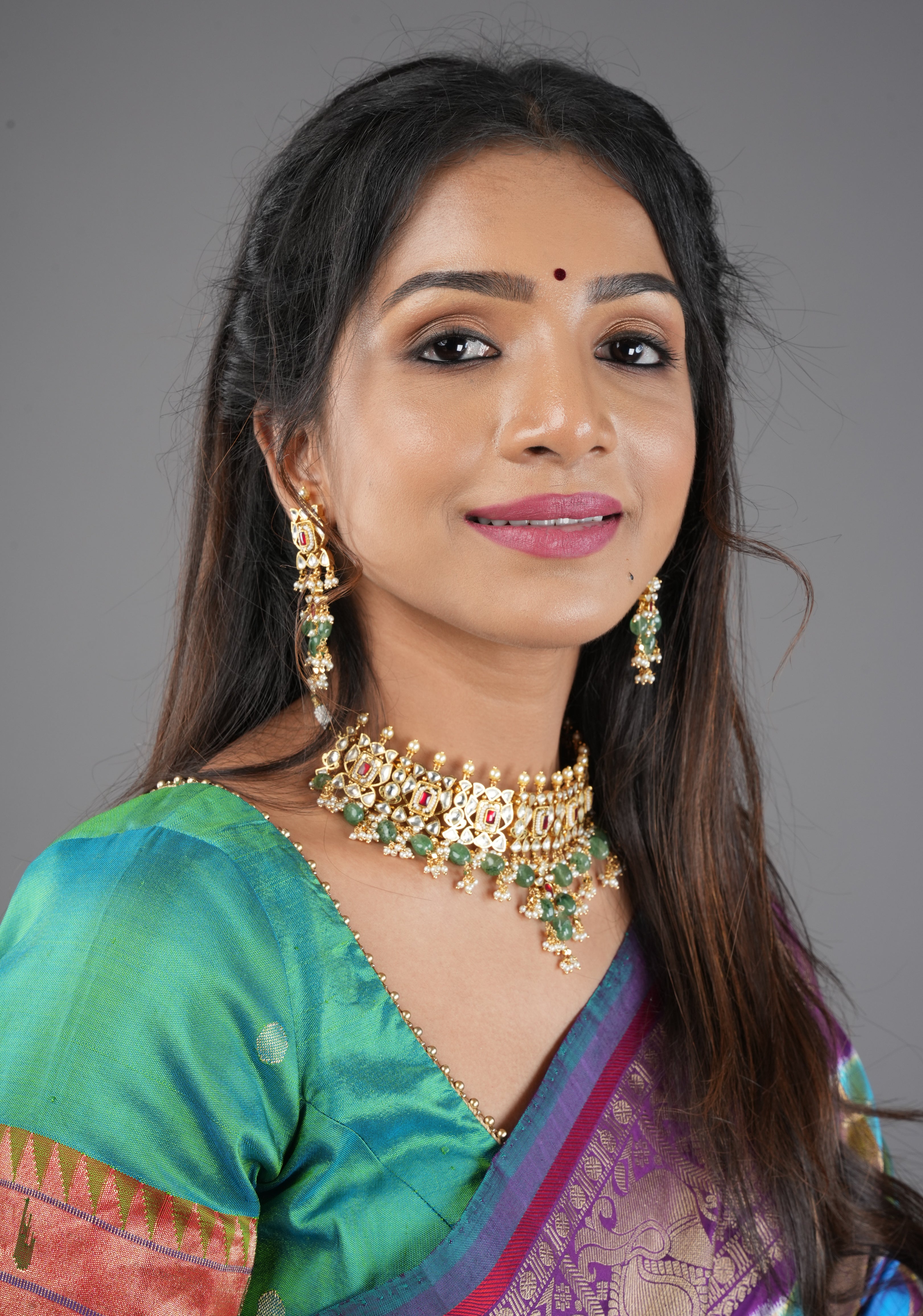 Rajwadi  Kundan Choker Set with Dangling Silt Green Beads & Pearls| Shobitam Jewelry