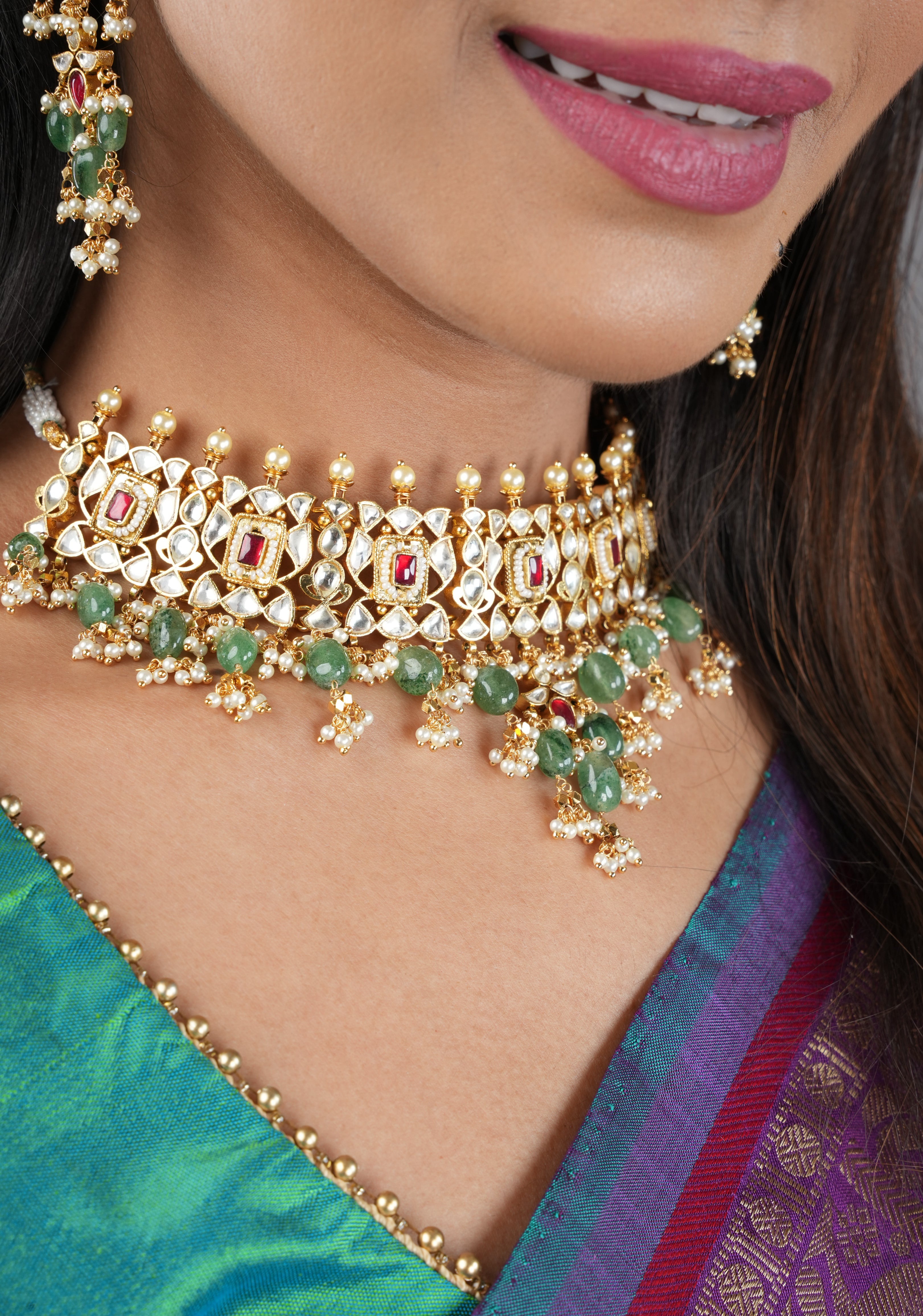 Rajwadi  Kundan Choker Set with Dangling Silt Green Beads & Pearls| Shobitam Jewelry