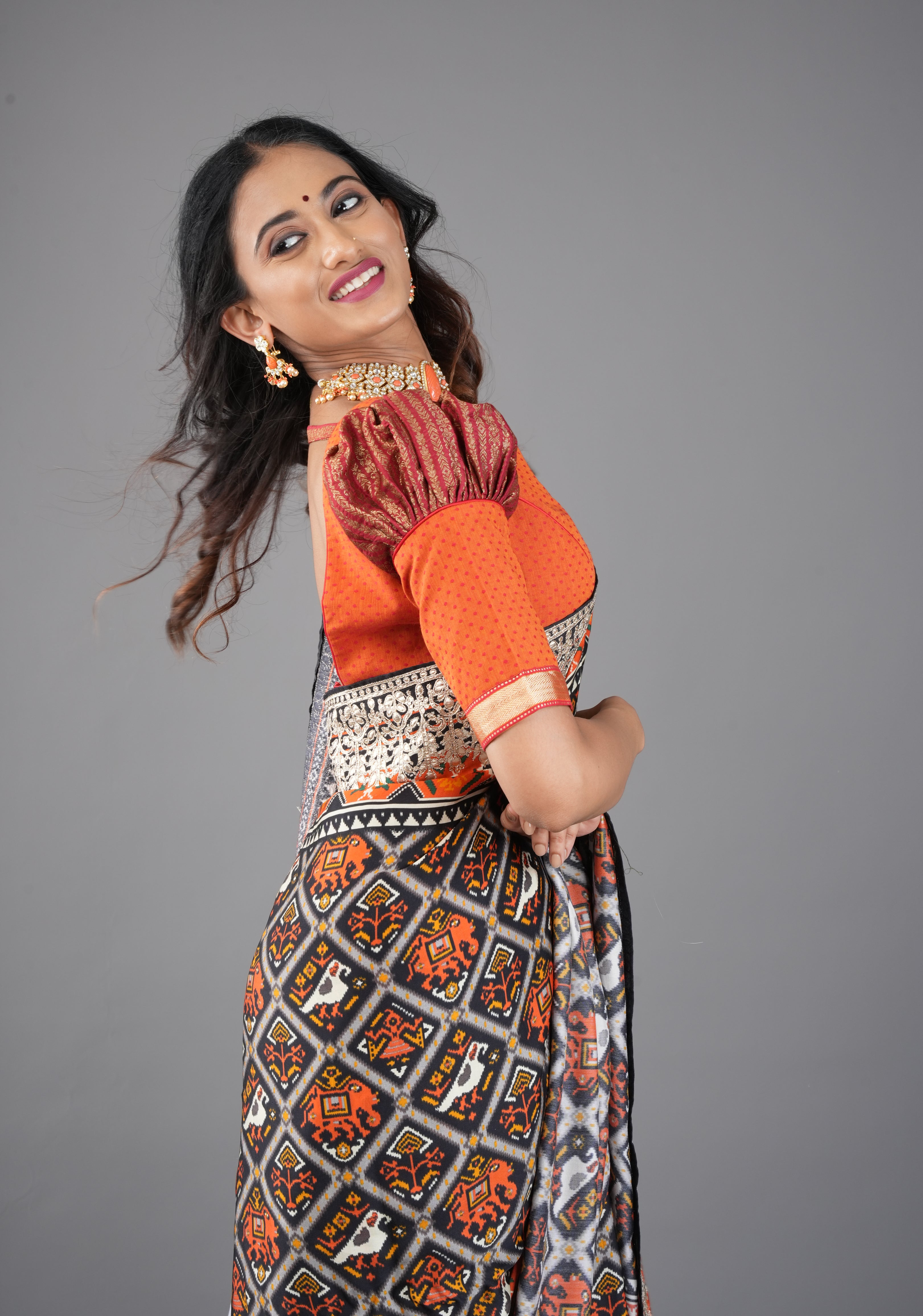 Orange Mangalagiri cotton with Maroon brocade puff sleeve detailing, Customizable, Made to order