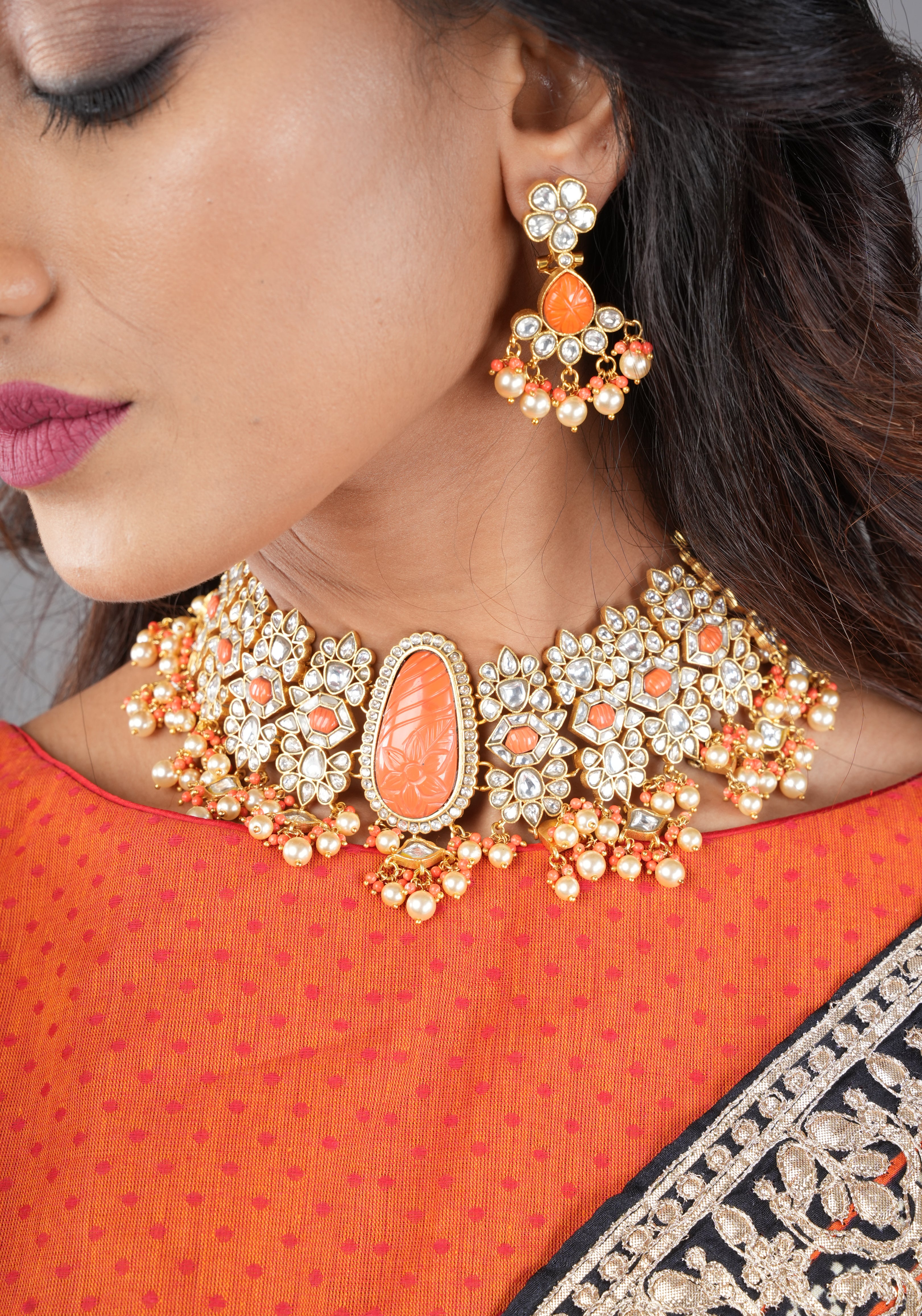 Orange Craving Stone Jadau Kundan Pearls Choker Set with Dangling Pearls and Earrings | Shobitam Jewelry