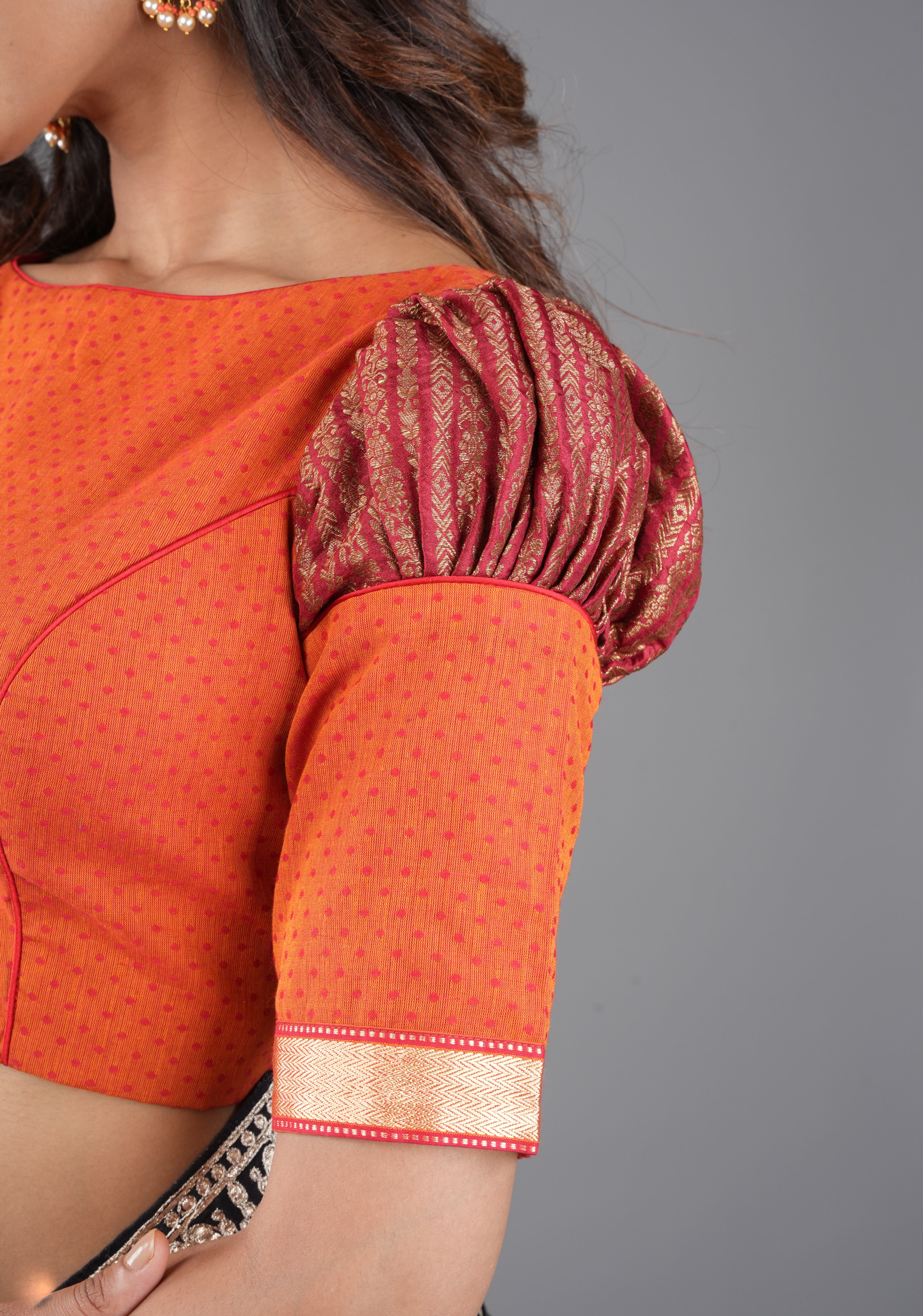 Orange Mangalagiri cotton with Maroon brocade puff sleeve detailing, Customizable, Made to order