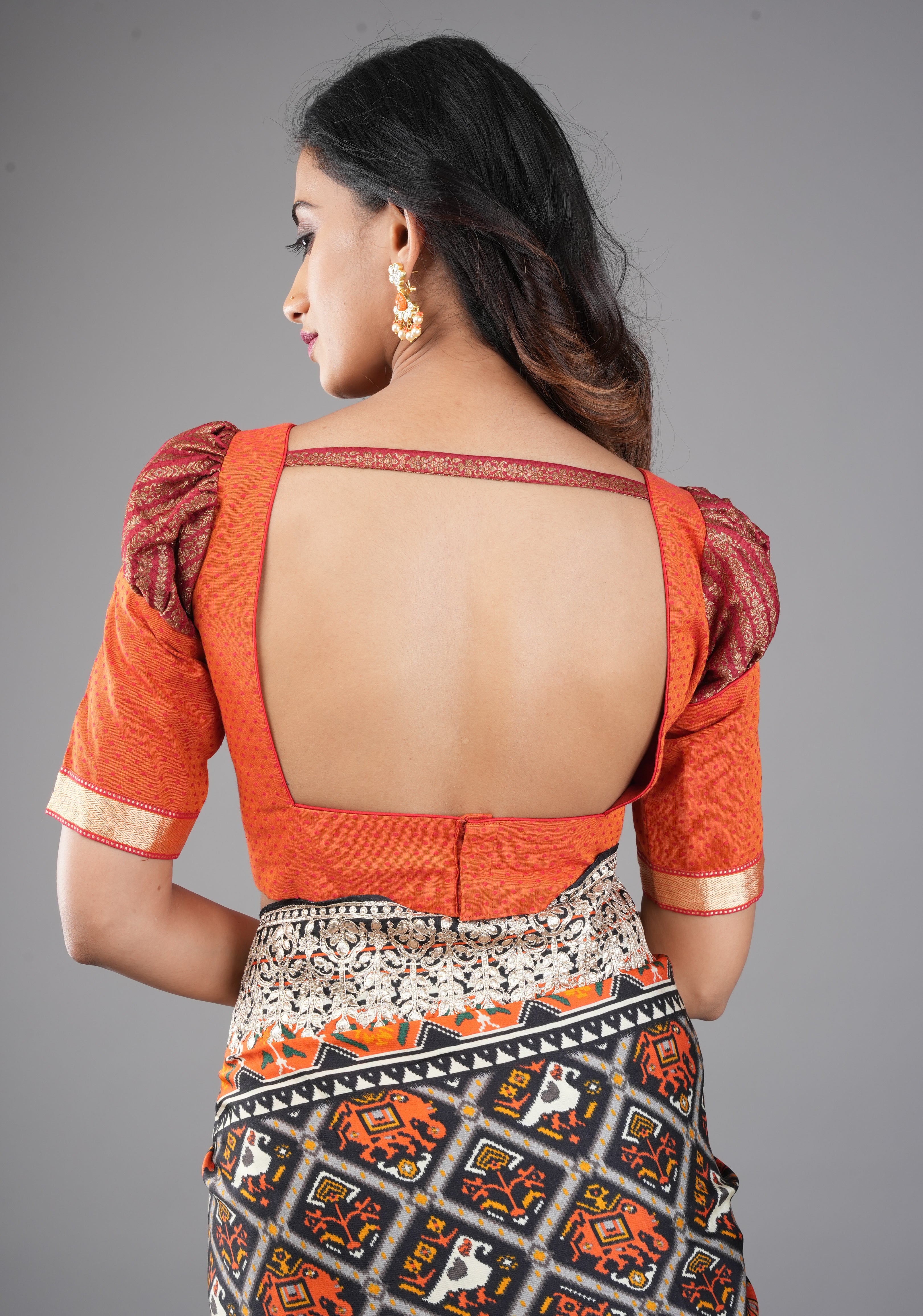 Orange Mangalagiri cotton with Maroon brocade puff sleeve detailing, Customizable, Made to order