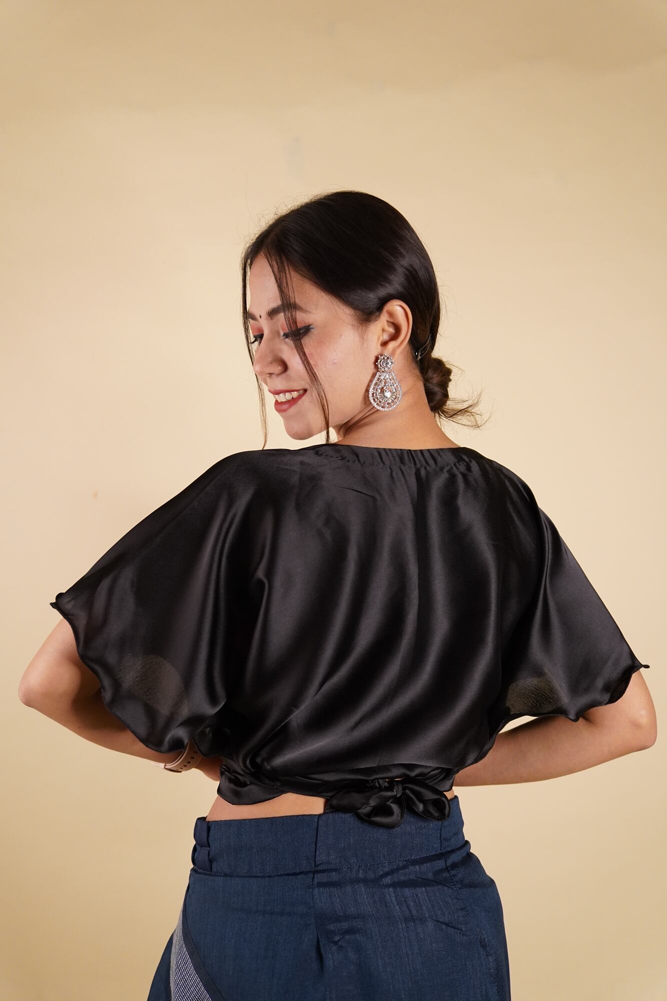 Ready to Wear Bell Sleeves Tying Blouse Cum Top -  Satin